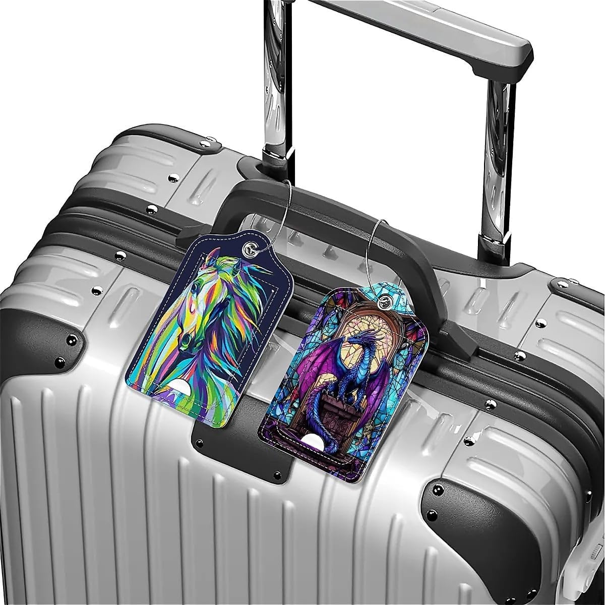 Luggage Tags,Blue Purple Diamond Dragon Stained Glass Design, Double-Sided Privacy Cover ID Labels with Stainless Steel Loop and Address Card for Travel Bag Suitcase