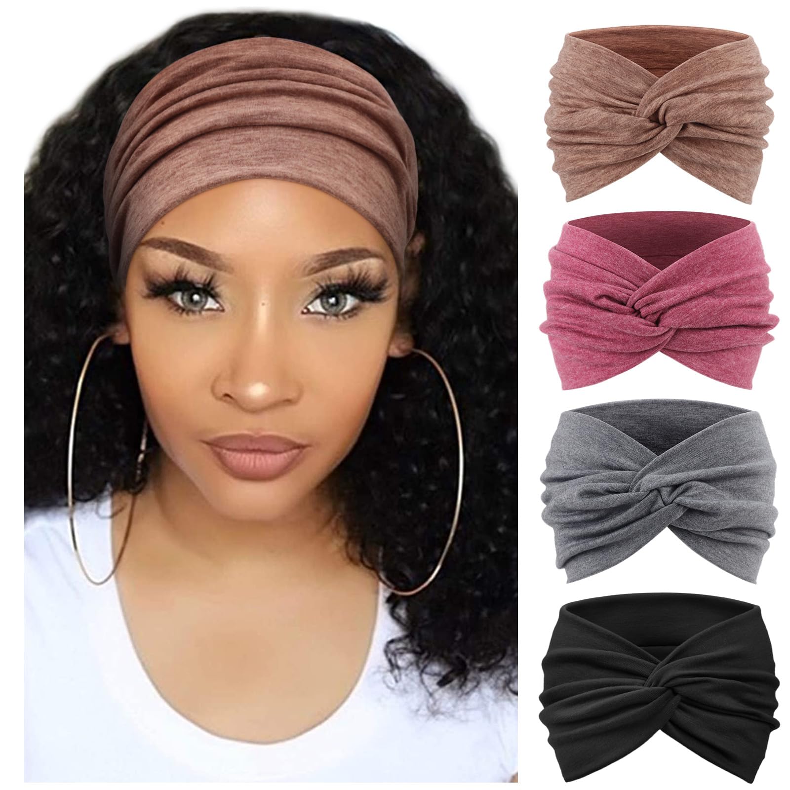 AQOKKA Extra Wide Headbands for Women Large Turban Headband Non Slip Boho Elastic Hairband Hair Twisted Knot Head Bands Accessories