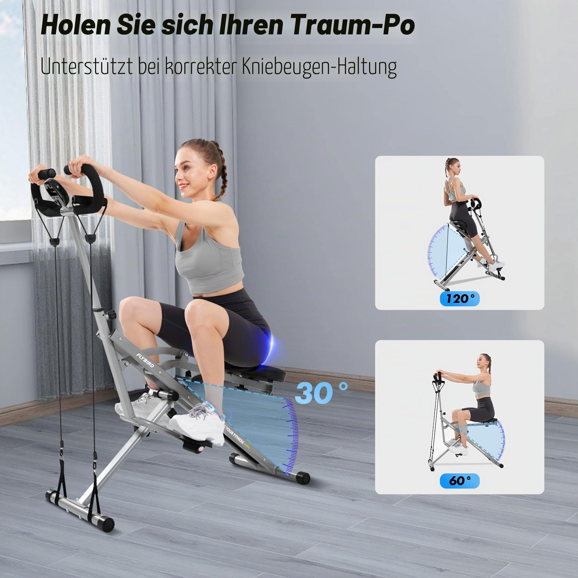 FLYBIRD Kniebeugenmaschine, Ruderfahrrad für Gesäß, Kern,Beine & Ausdauertraining,4 verstellbare Widerstandsstufen, klappbar&einfach aufgebaut,Ganzkörpertraining Heimtrainer,Belastbarkeit 158 kg,Grau