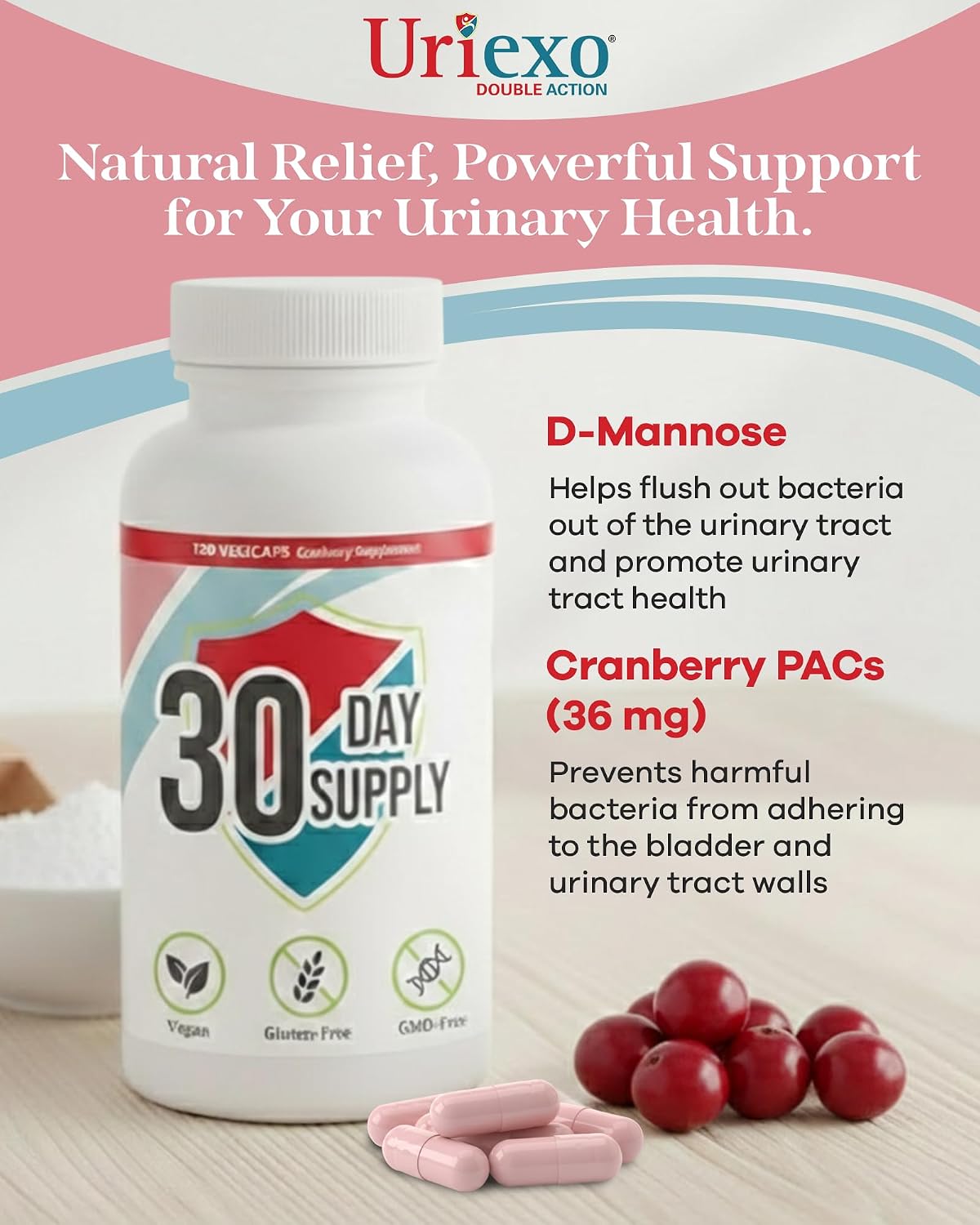 Uriexo Double Action Support Cranberry Pills - Urinary Tract Health Supplement with 36mg Proanthocyanidins PACs & 2000mg D-Mannose, Capsules for Men & Women, Non-Antibiotic Formula, 30 Day Supply