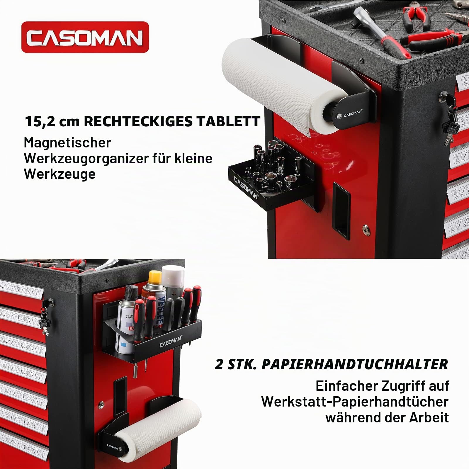 CASOMAN Magnetischer Werkzeugkasten Ablage Ablage Papierhandtuchhalter 4-teiliges Set schwarz vielseitig einsetzbar langlebig Magnete Jede Metalloberfläche