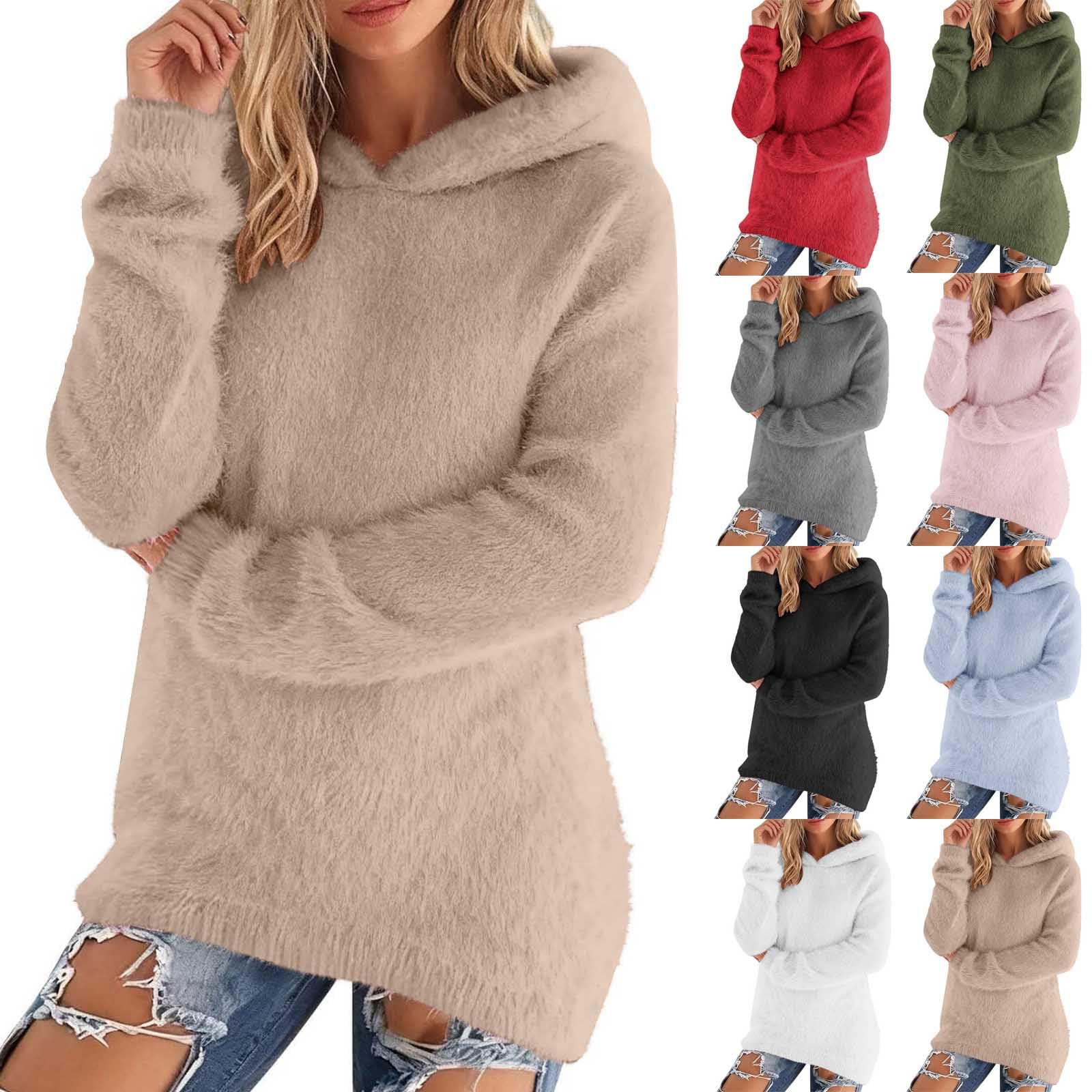 Womens Fleece Sweaters Cozy Lightweight Hooded Sweater Fluffy Fuzzy Sweater Winter Thermal Long Sleeve Pullover Tops