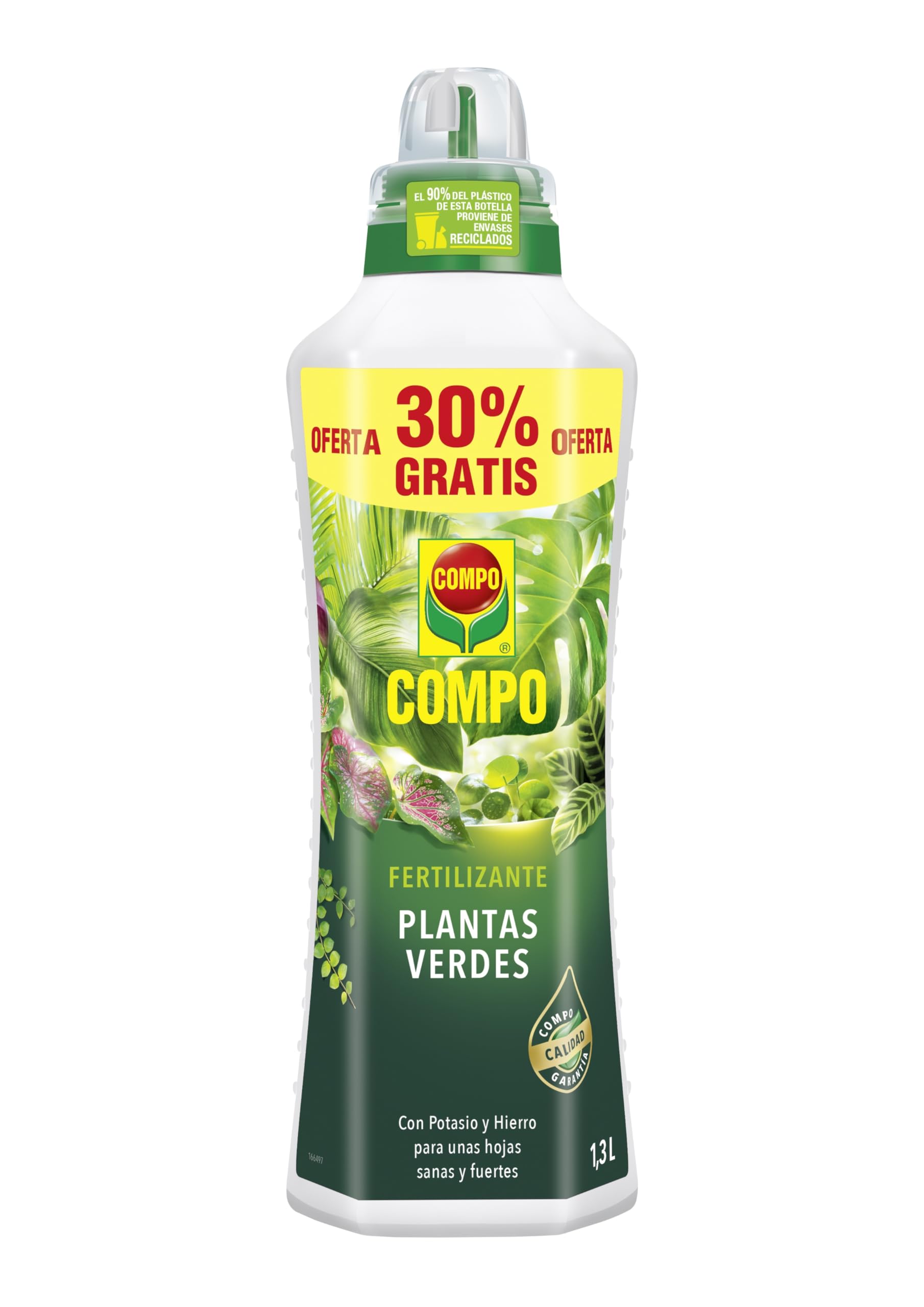 COMPO Fertilizante de plantas verdes para plantas de interior, balcón y terraza, Fertilizante líquido con extra de potasio y hierro, 1,​3 L
