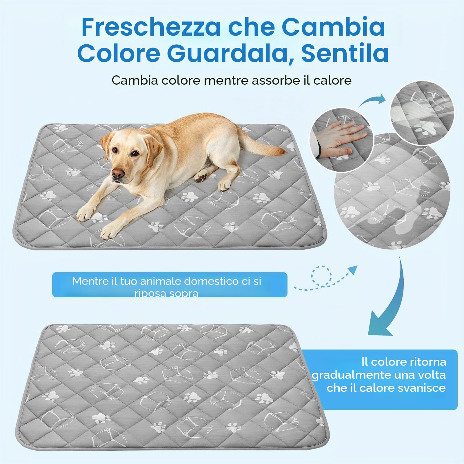 BINGPET Tappetino refrigerante per cani, 119,1 x 71,1 cm, extra large, in fibra di raffreddamento ispessita, tappetino endotermico che cambia colore, antiscivolo, estivo, pieghevole, lavabile