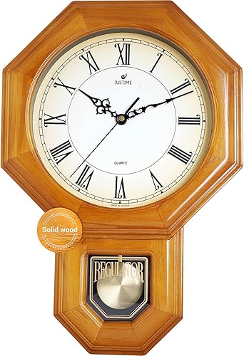Miniatura 9 de JUSTIME Traditional Schoolhouse - Reloj de pared de péndulo de madera maciza con campanillas cada hora con melodía Westminster (madera natural con