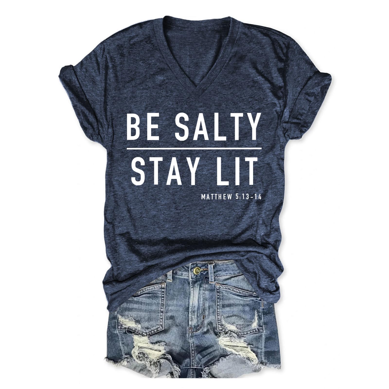 DAFOUOE Be Salty Stay Lit Shirts, V Neck T Shirts for Womens Short Sleeve Tops Funny Letter Print Graphic Tees