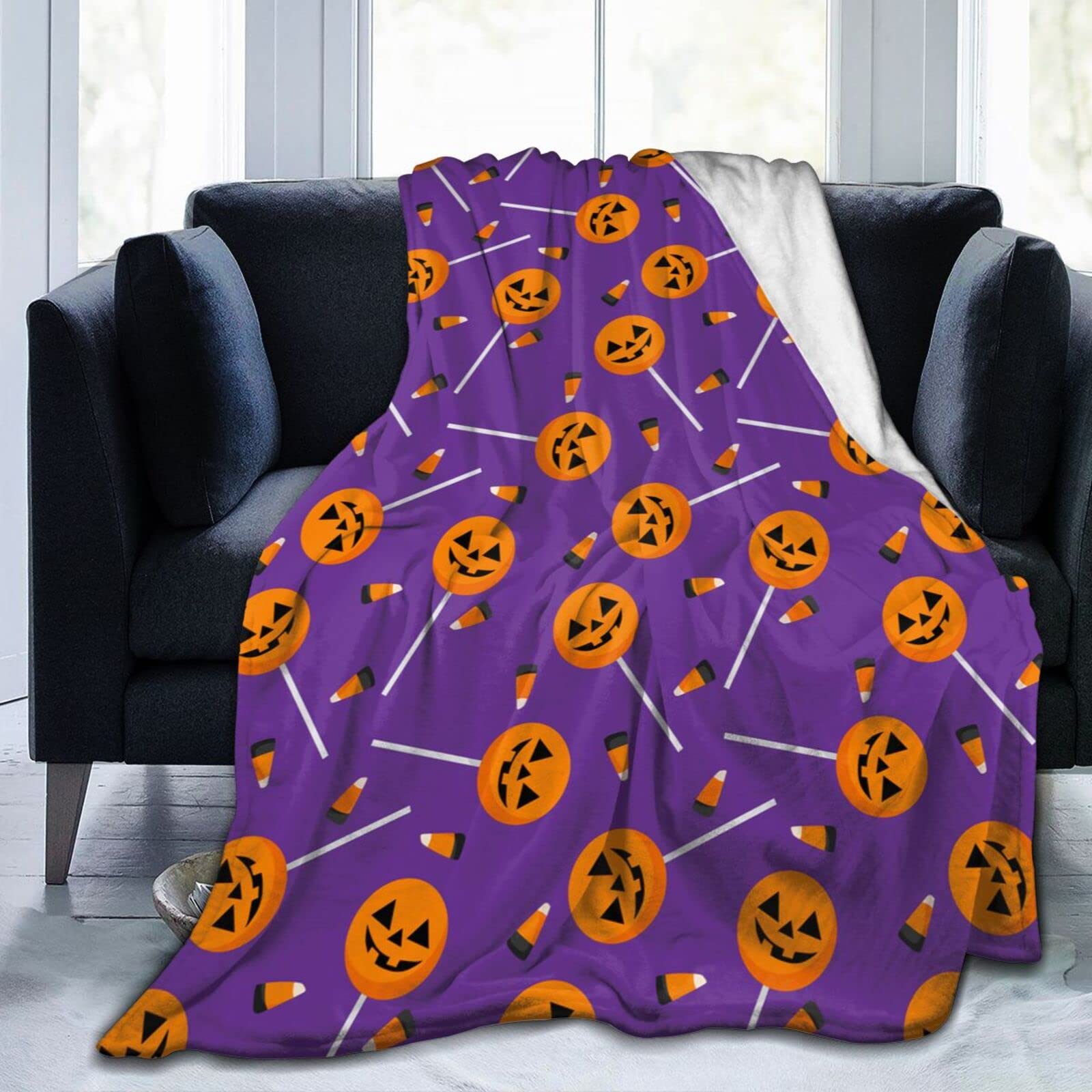 Lsjuee Halloween Candy Throw Blanket Warm Blankets Lightweight Soft Cozy Flannel Funny Halloween Blanket for Sofa Couch Bed 80"X60"