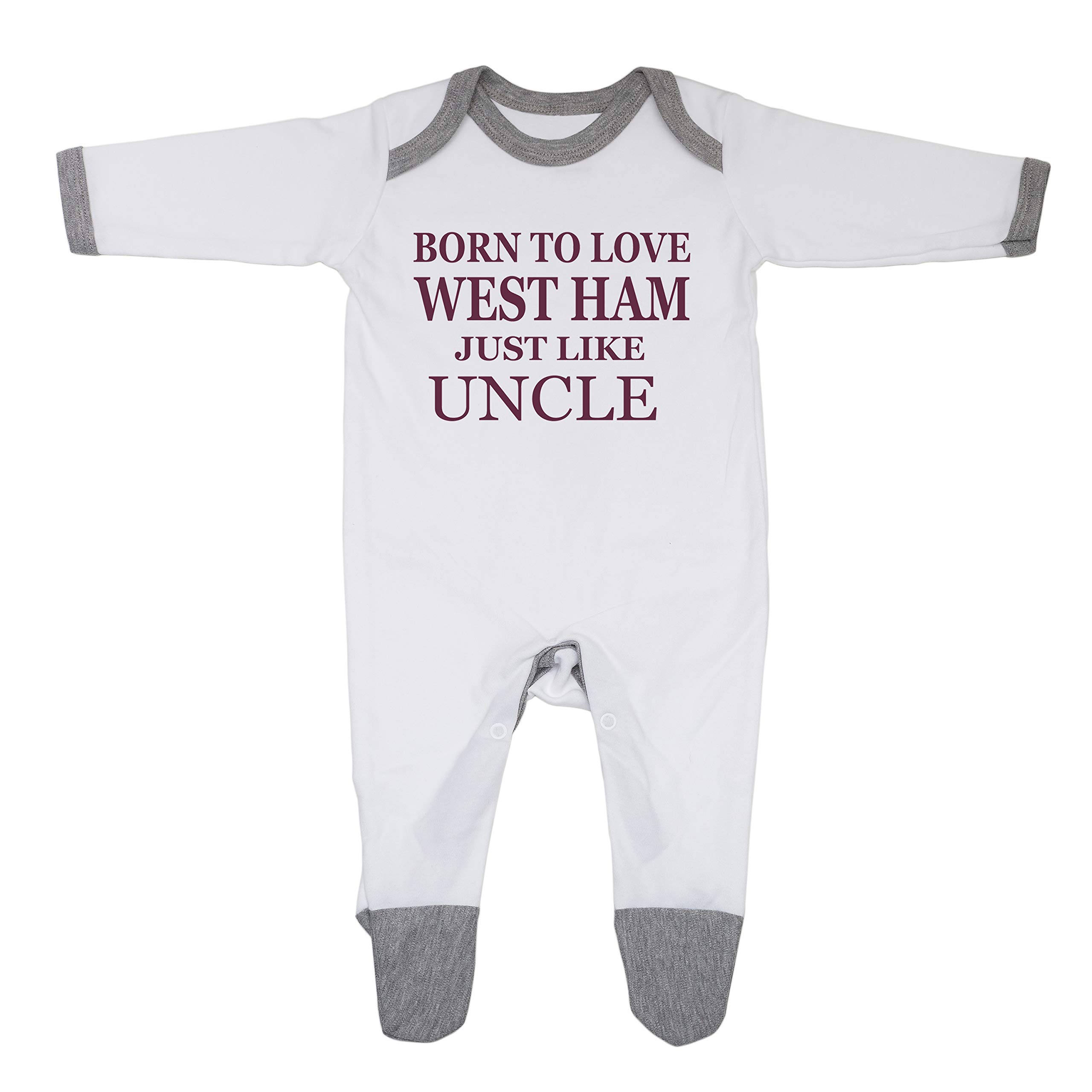 Bebe DoryBorn To Love West Ham Just Like Uncle' Baby Boy Girl Sleepsuit Designed and Printed in the UK Using 100% Fine Combed Cotton