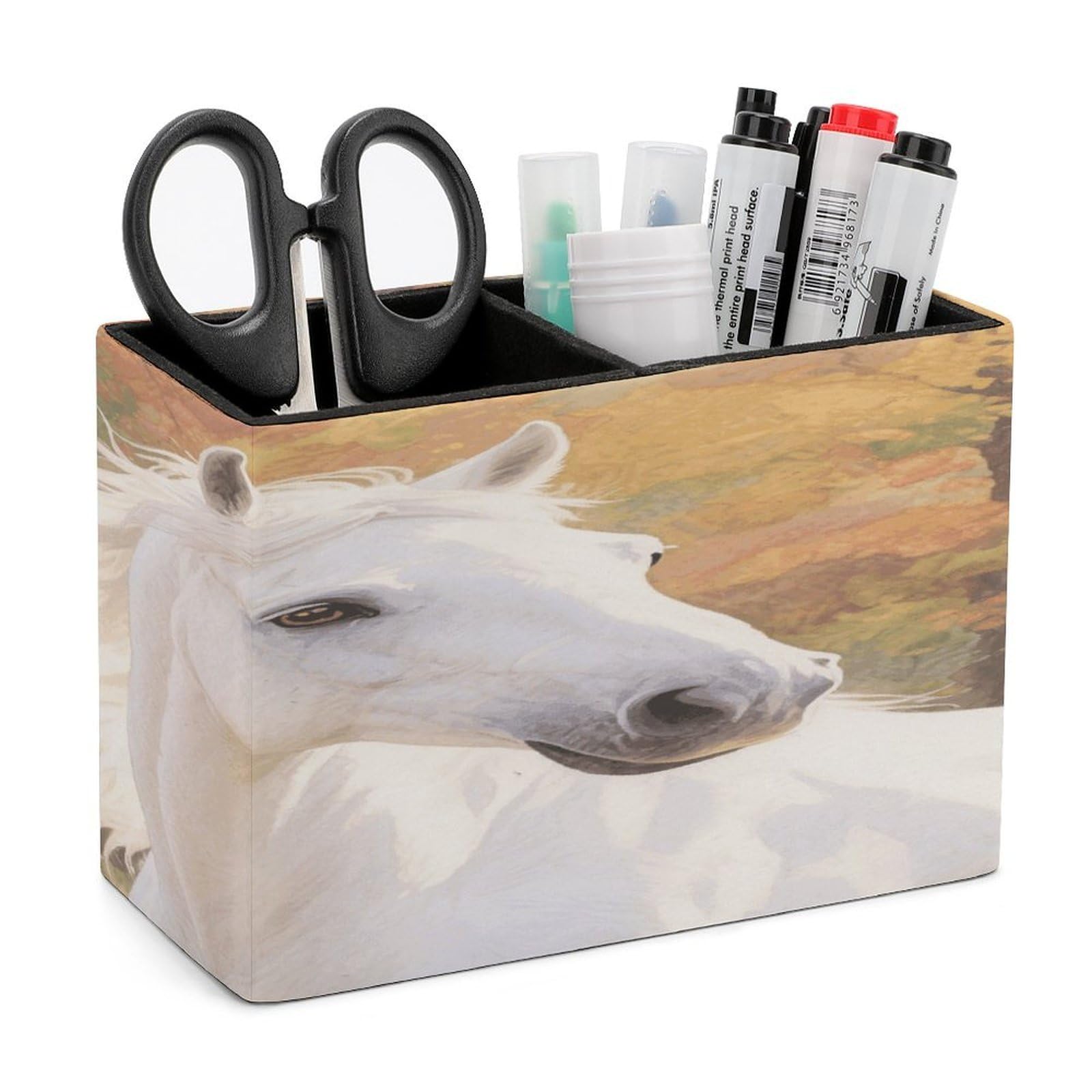 VstaDank Watercolor White Horse Pencil Holder for Desk Organizer 2 Compartments Pen Cup Leather Square Pen Holder Pencil Cup Stand Makeup Brush Holders for Desktop Organizer Storage Case