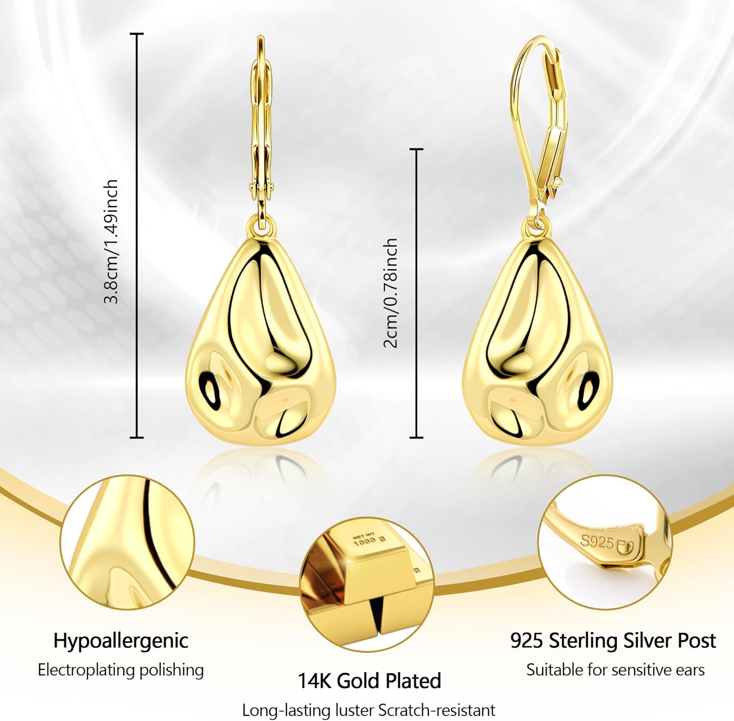 925 Sterling Silver Teardrop Dangle Earrings, Hypoallergenic 14k Gold Plated Hammered Waterdrop Earring for Women Trendy Statement Dangling Drop Leverback Earrings Gifts in Jewelry Box - Image 3