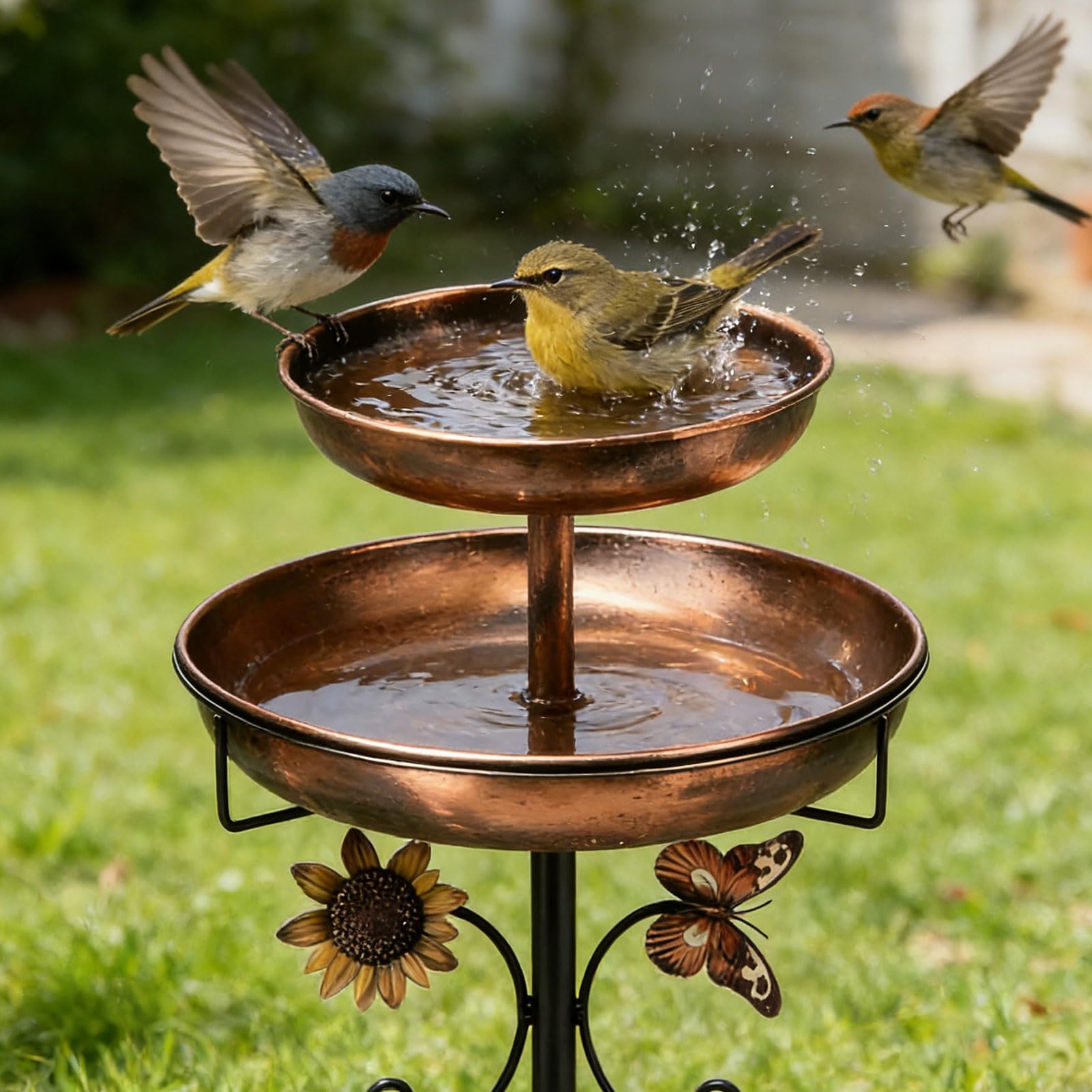 Lergas Bebedero para pájaros de pie, baño para pájaros para exterior, jardín, 2 en 1, de metal, bebedero para pájaros, bebedero para pájaros antiguos, resistente al invierno, para exteriores, balcón