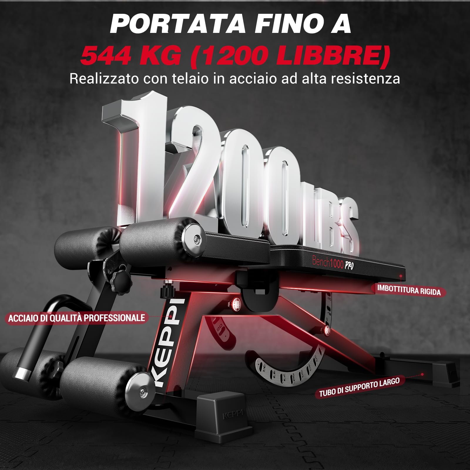 Keppi Panca Palestra, con 600 kg Capacità – Panca Multifunzione Palestra Casa per Allenamento con Pesi, Addominali e Fitness Completo, Fermapiedi Rimovibile - Bench1000 Pro