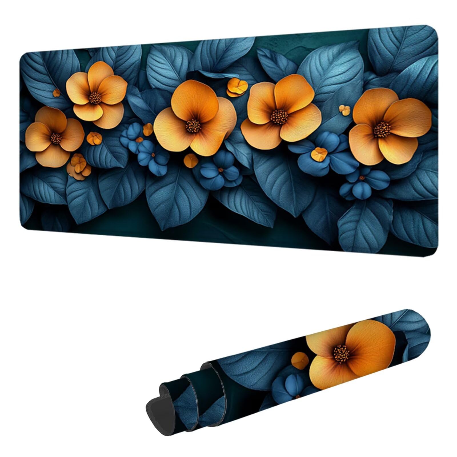 Podkładka pod mysz XXL, niebieska, 1400 x 600 mm, gamingowa podkładka pod mysz, duży kwiat z szytymi krawędziami, podkładka na biurko z antypoślizgową gumową podstawą, akcesoria biurowe, dekoracja