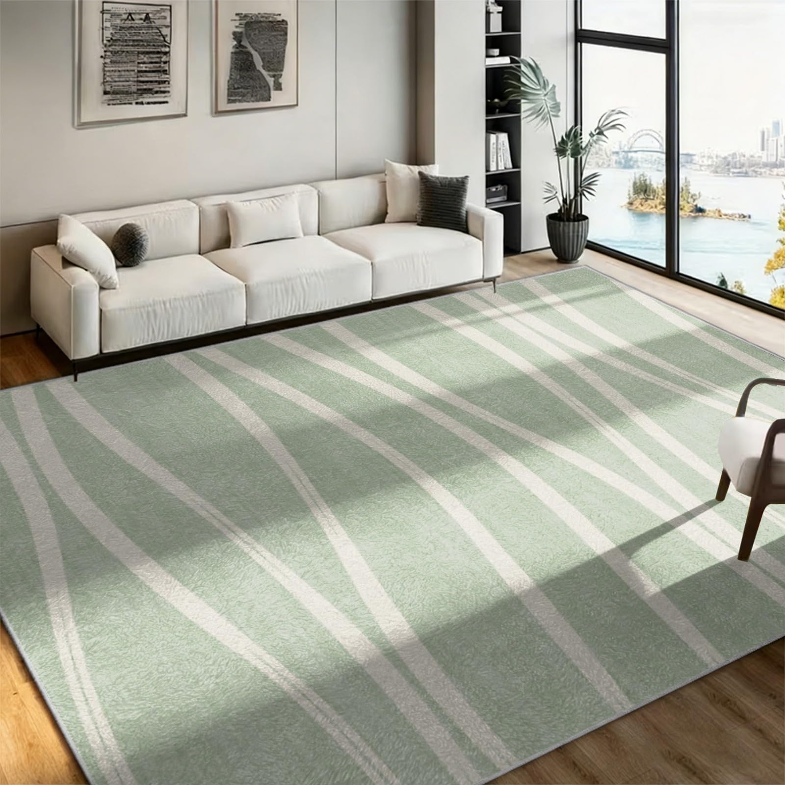 WAOTMN Sage Green Abstract Area Rugs 140x200cm Modern Minimalist Neutral Wave Striped Rug for Bedroom Soft Machine Washable Indoor Throw Rugs for Living Room Large Door Mat
