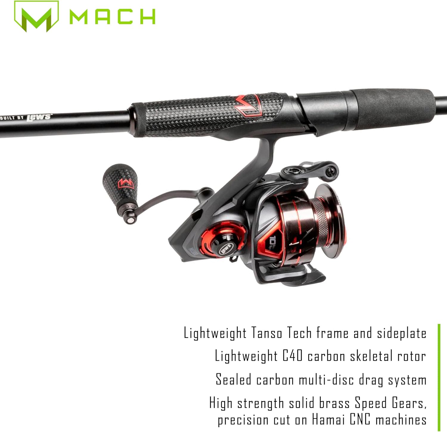 Lew's MACH Jacked Spinning Reel and Fishing Rod Combo, HM50 Graphite Rod, Tanso Tech Frame, Black/Red
