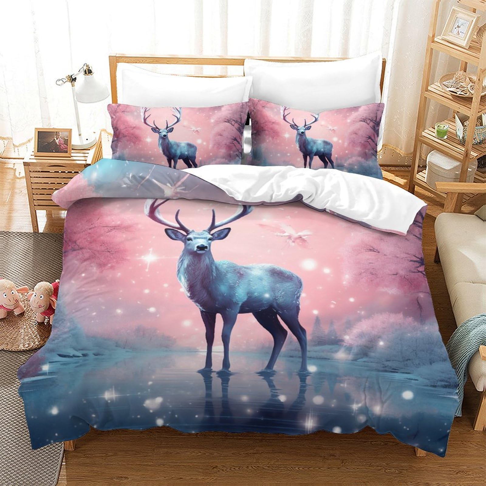 Parure de lit cerf 3D en microfibre 200x200 cm avec housse de couette et taies pour ados
