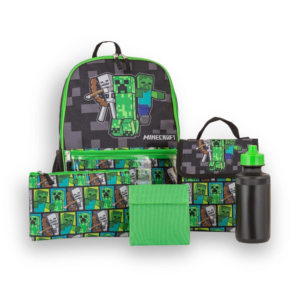 BioworldMinecraft Creeper Zombie Wither Kids 5 Piece Backpack Set, Multicolour, L
