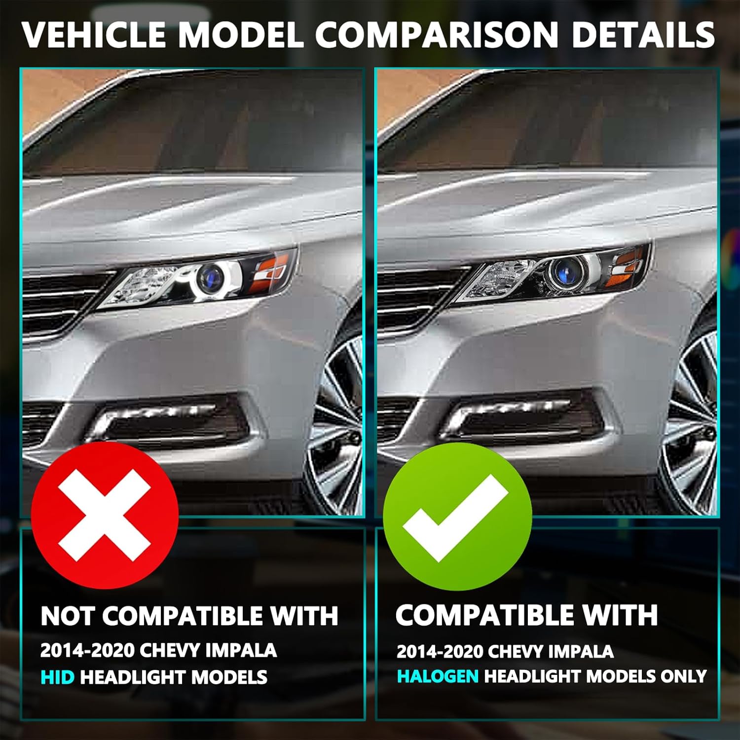 Fits For 2014-2020 Chevy Impala Headlight Assembly Halogen OE Style Projector Factory Headlamp LH+RH Pair Set Replacement Bulbs Included