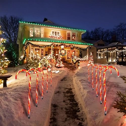 Miniatura 4 de Wecolor Juego de 10 luces LED de Navidad con diseño de bastón de caramelo para camino, luces de estaca para exteriores con 8 modos de iluminación,