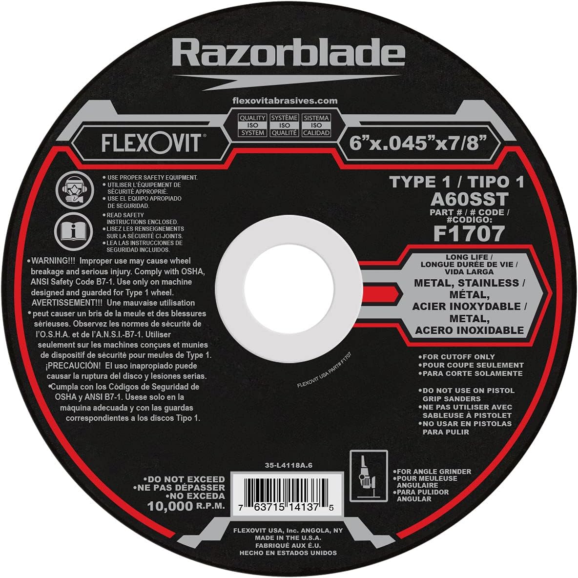 F1707 Angle Grinder Cutoff Wheel 6 X .045 X 7/8 A60Sst