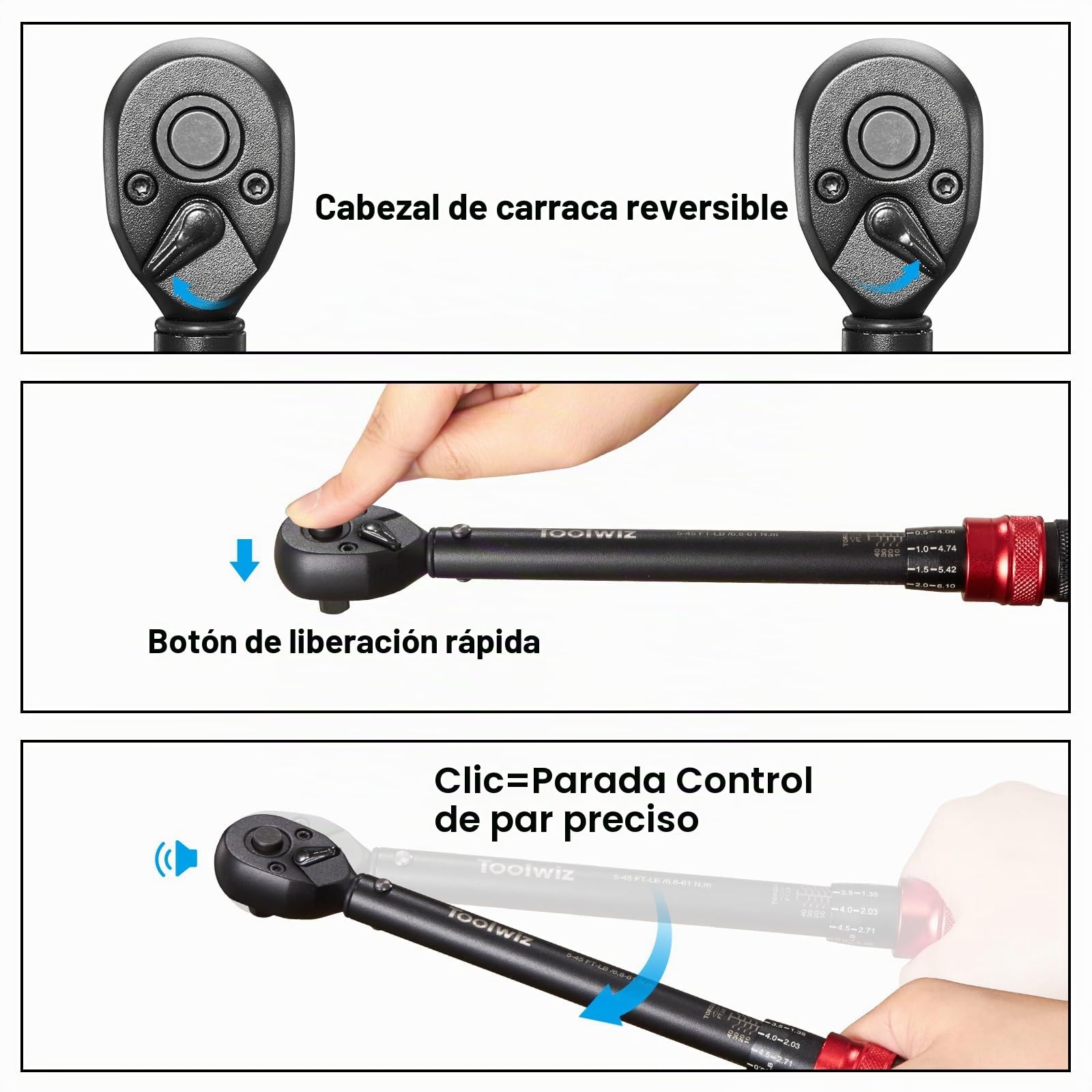 Toolwiz Llave Dinamométrica de 3/8", 6.8-61 Nm/5-45 Ft-Lb Llave de Torque, Precisión ±3%, Cabezal Reversible de 72T Llave Dinamométrica para Coche, Camión, Moto