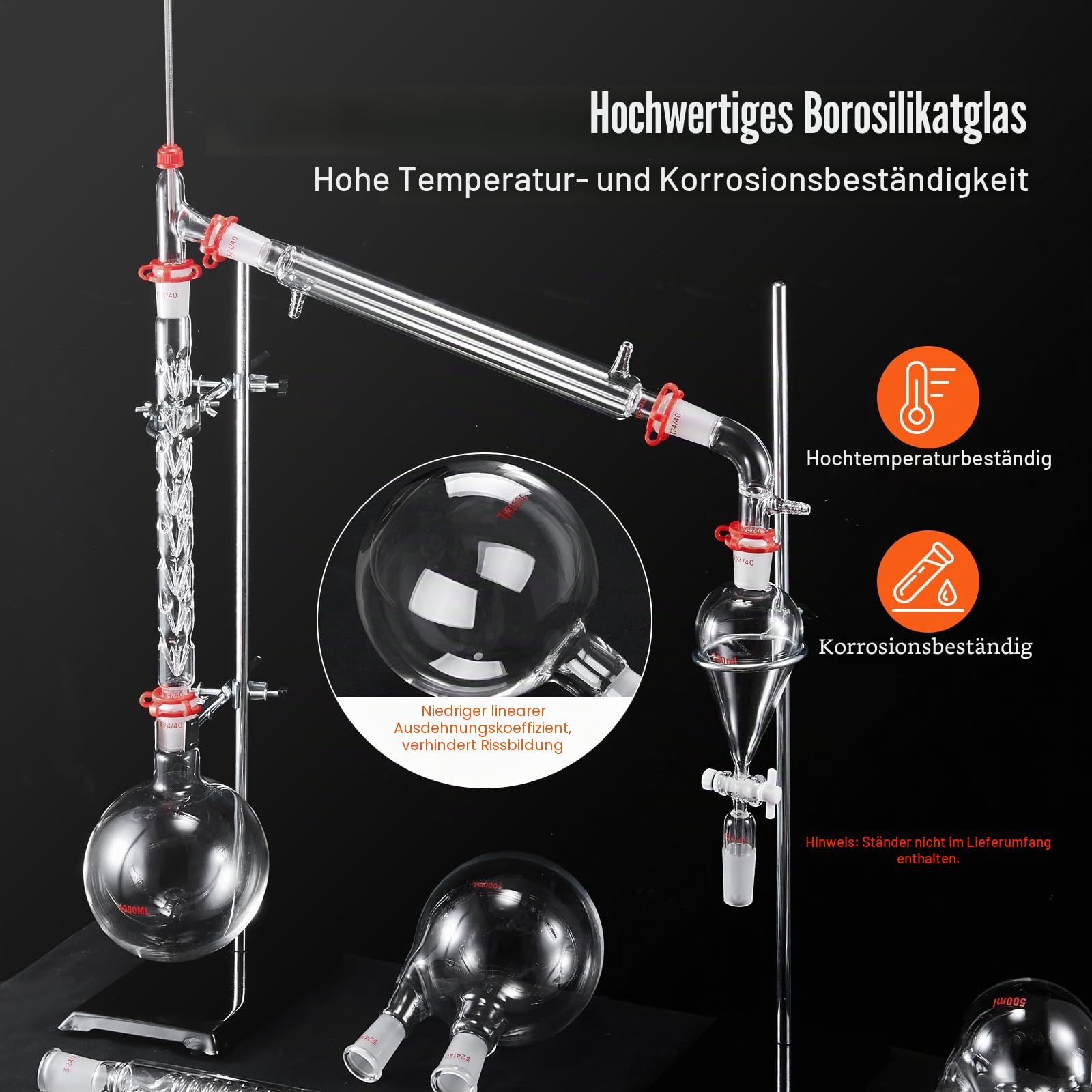 VEVOR Labor-Destillationsset, 3,3-Boro-Laborglas-Destillationsset mit 24- und 40-Verbindungen, 1000-ml-Destillationsgeräte-Set für Ätherische Öle, 32-teiliges Set mit Glaswaren
