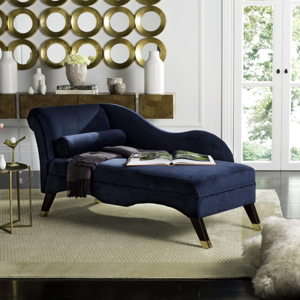 Safavieh Home Collection Caiden Navy Velvet Chaise with Pillow