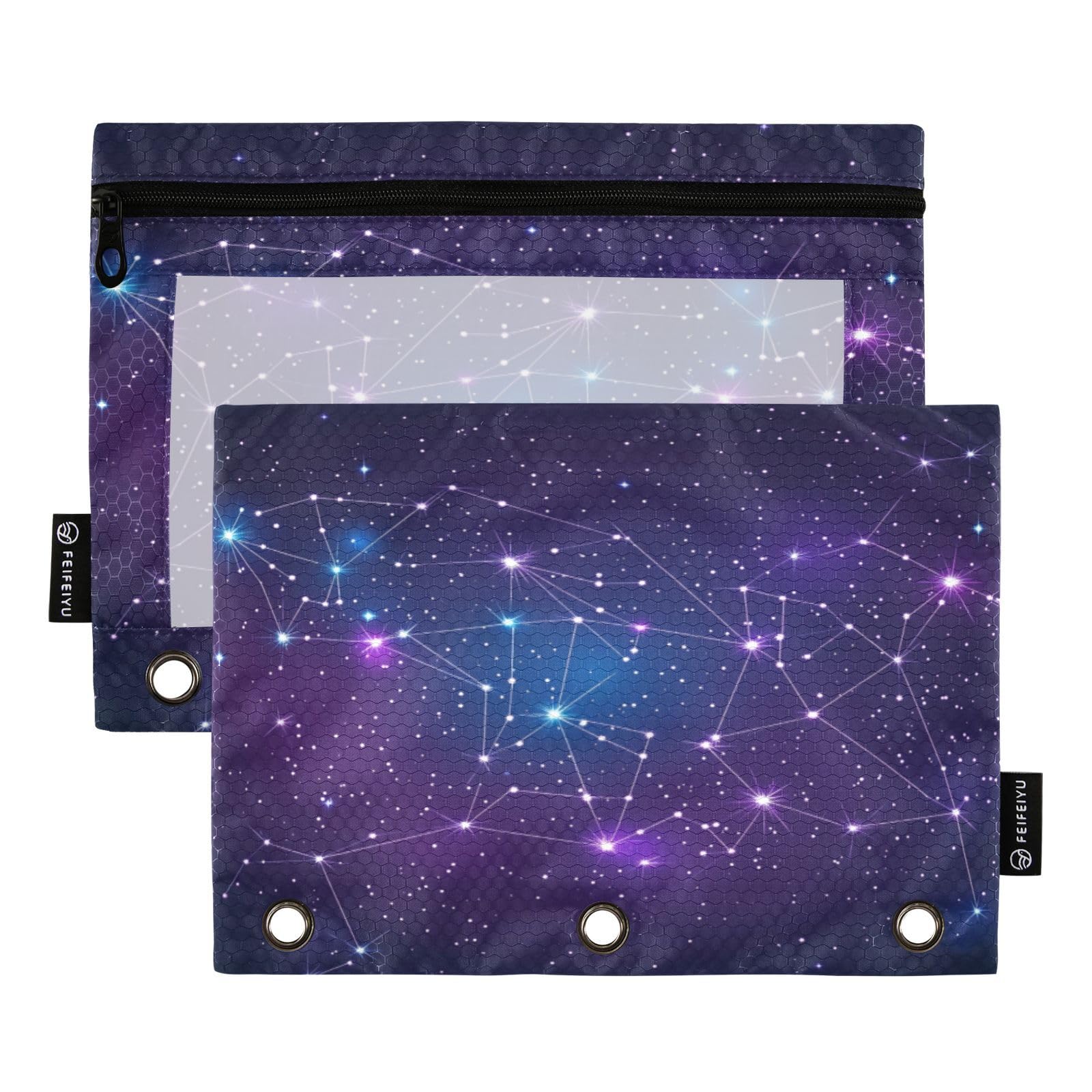Starry Sky Constellations 3 Ring Binder Pencil Pouch Clear Window Pencil Case with 3 Reinforced Grommets for Office 2 Packs