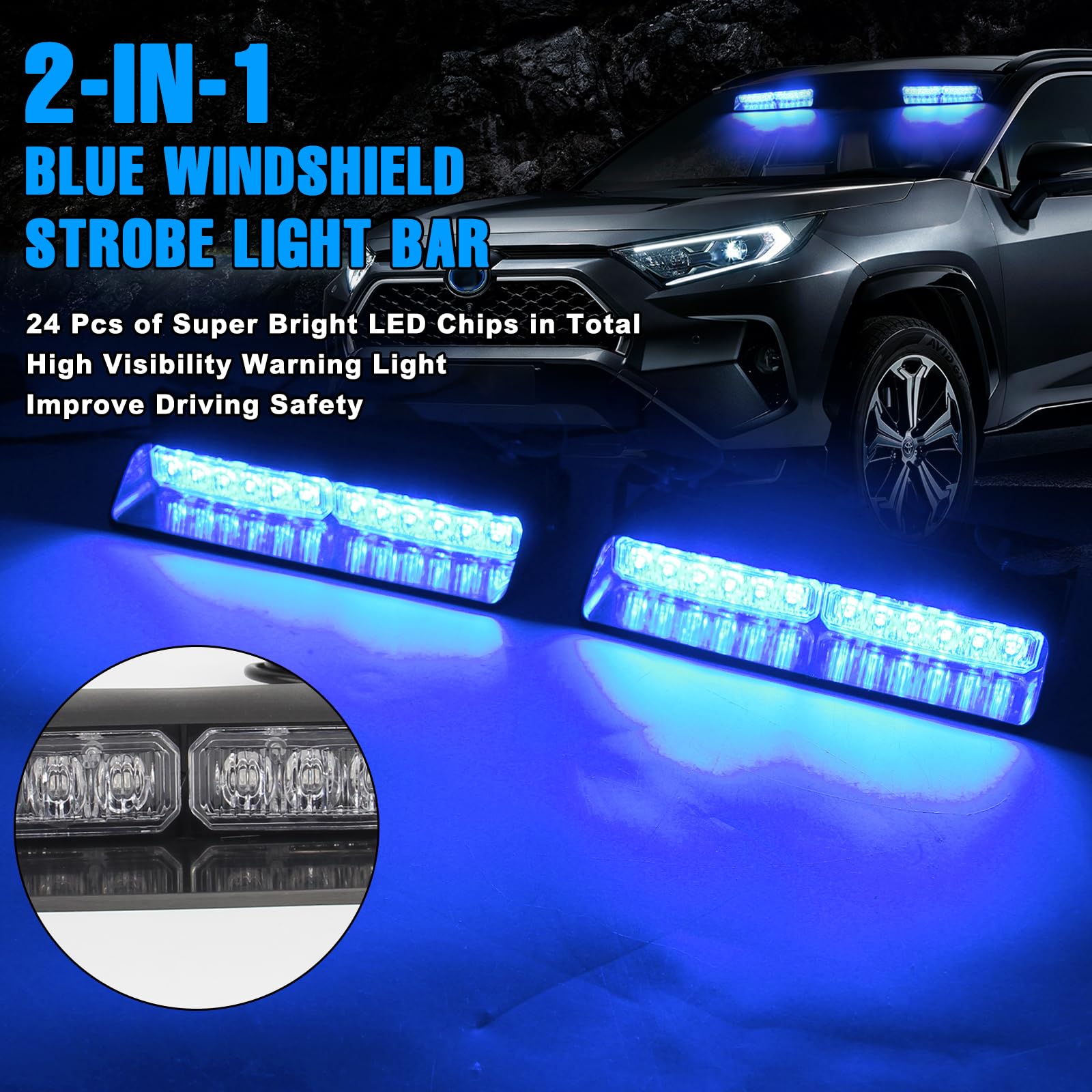 Luces estroboscópicas de advertencia LED azul 2 en 1, 26 modos, 12/24V, para emergencias, tráfico, 2 x 8.4 pulgadas, para tablero/parabrisas delantero/trasero de camiones, vehículos