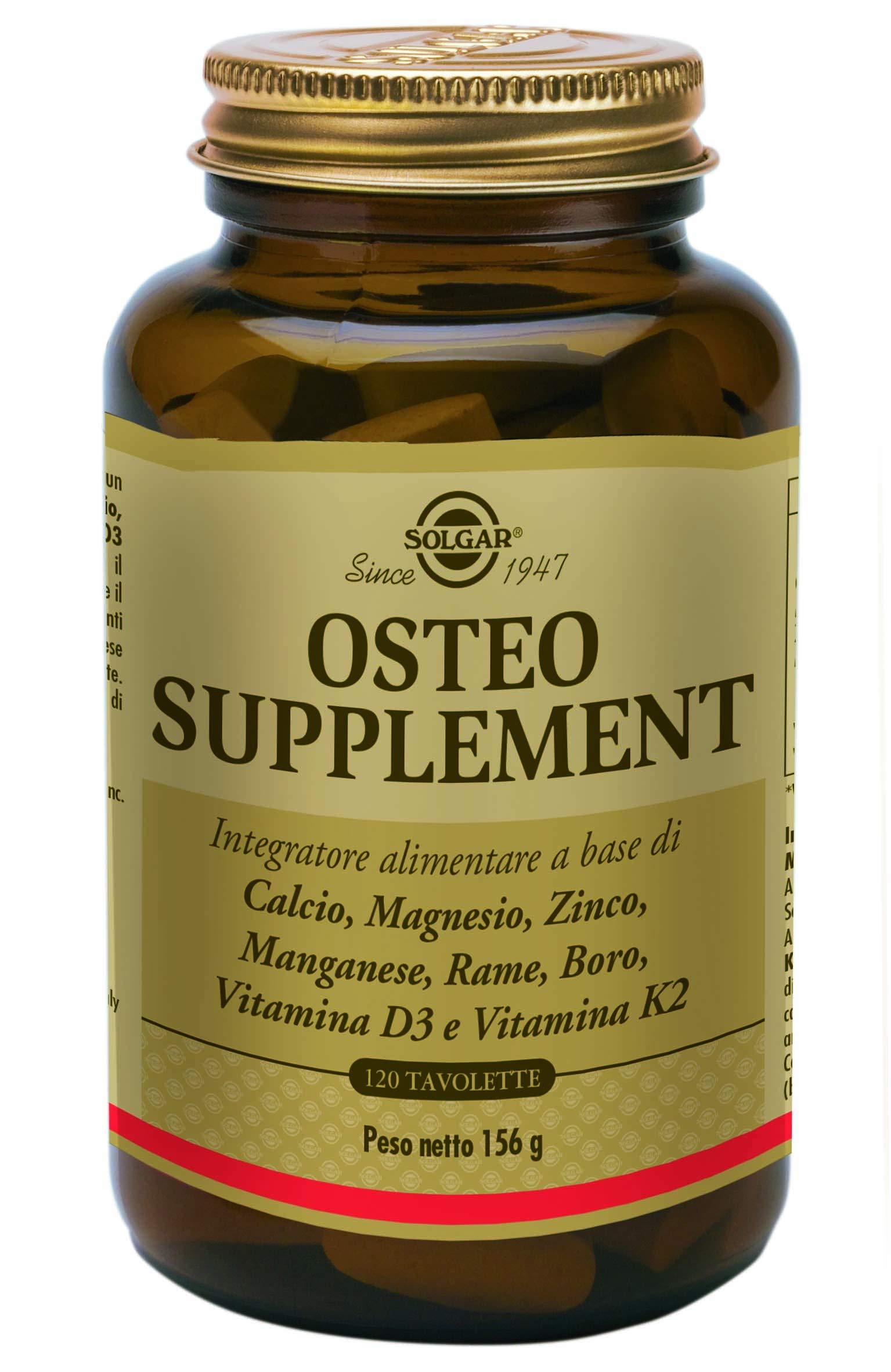Solgar OSTEO SUPPLEMENT – Complesso per ossa e denti con Ca, Mg, D3, K2, Zn, Mn, Cu, Boro – 120 tavolette