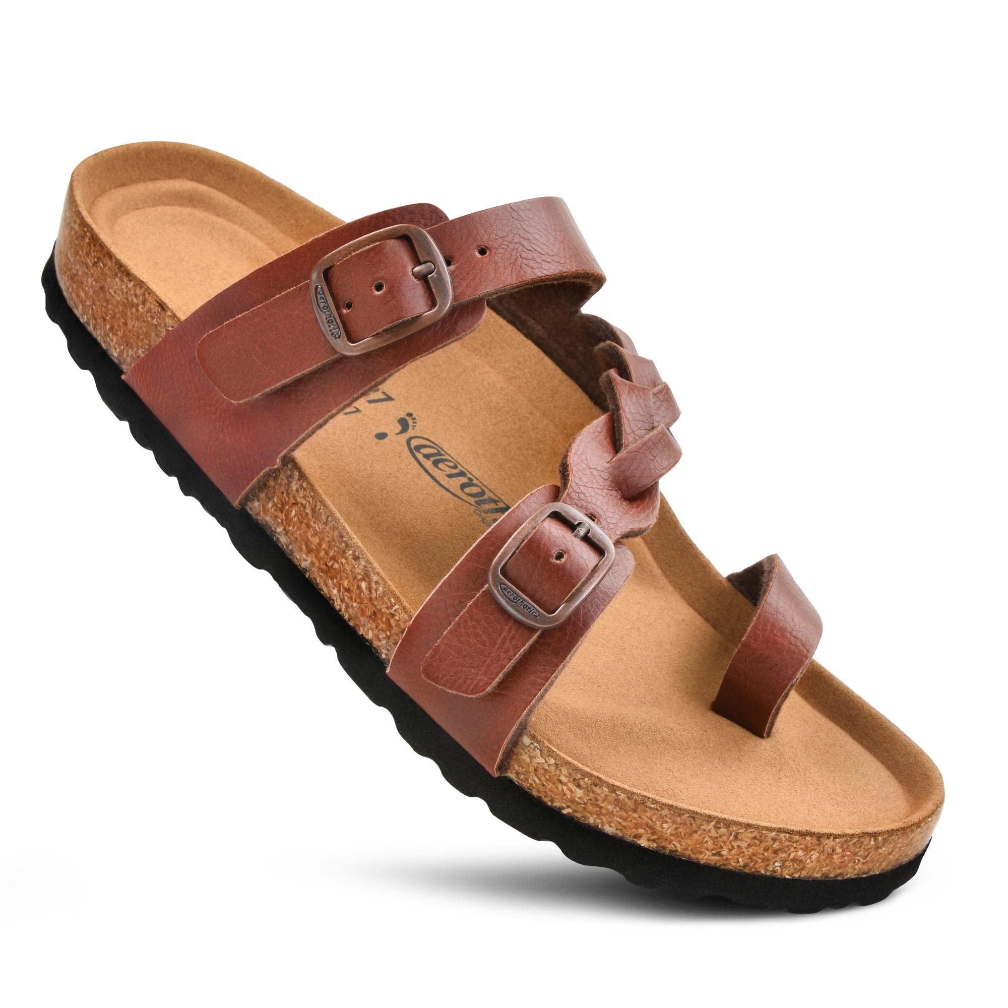 AEROTHOTIC Cork Comfortable Slides for Women Memory Form Suede Upper Footbed Slip on Footwear Open Toe Braided Adjustable Straps with Buckle Fashion