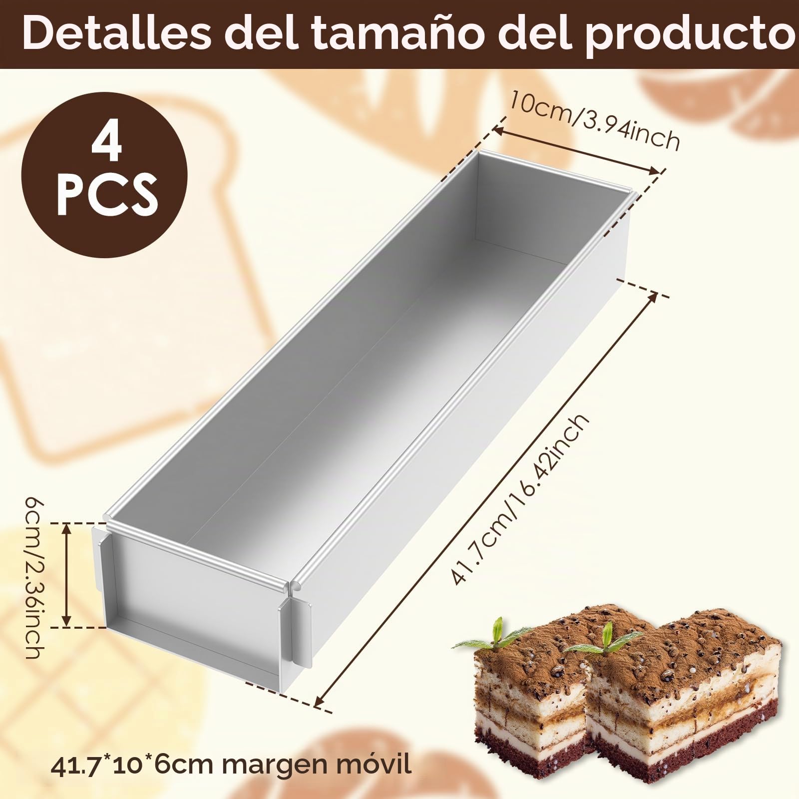 4 marcos rectangulares ajustables, revestimiento antiadherente, aluminio, forma tiramisú adecuada para brownie pan (4 unidades)
