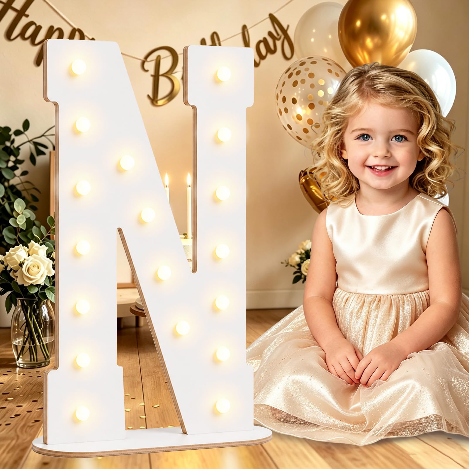 Large 44CM White Wooden Light Up Letters N for Birthday Party Decorations — image 1