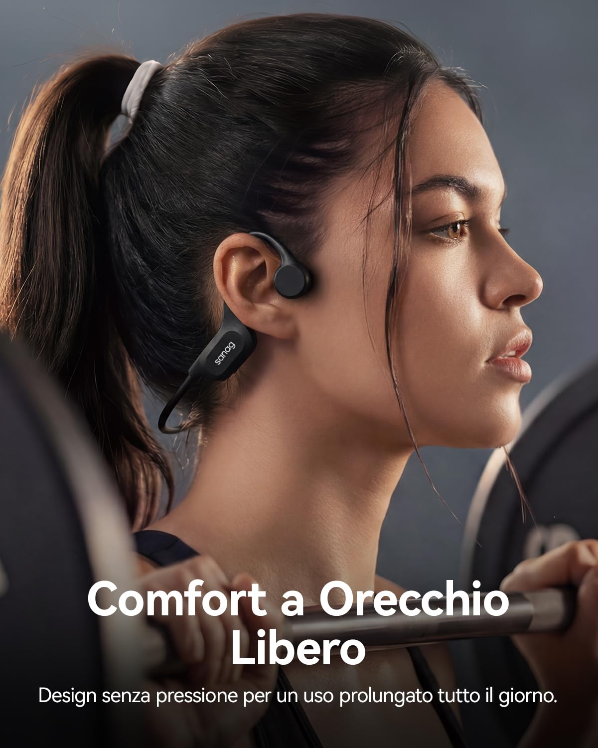 SANAG Cuffie Conduzione Ossea, Bluetooth 5.3 Cuffie Sportive Wireless, Impermeabili IPX8 con Memoria Integrata, Design Open-Ear, Tasti Fisici Tattili, per Corsa, Fitness e Nuoto, Nero