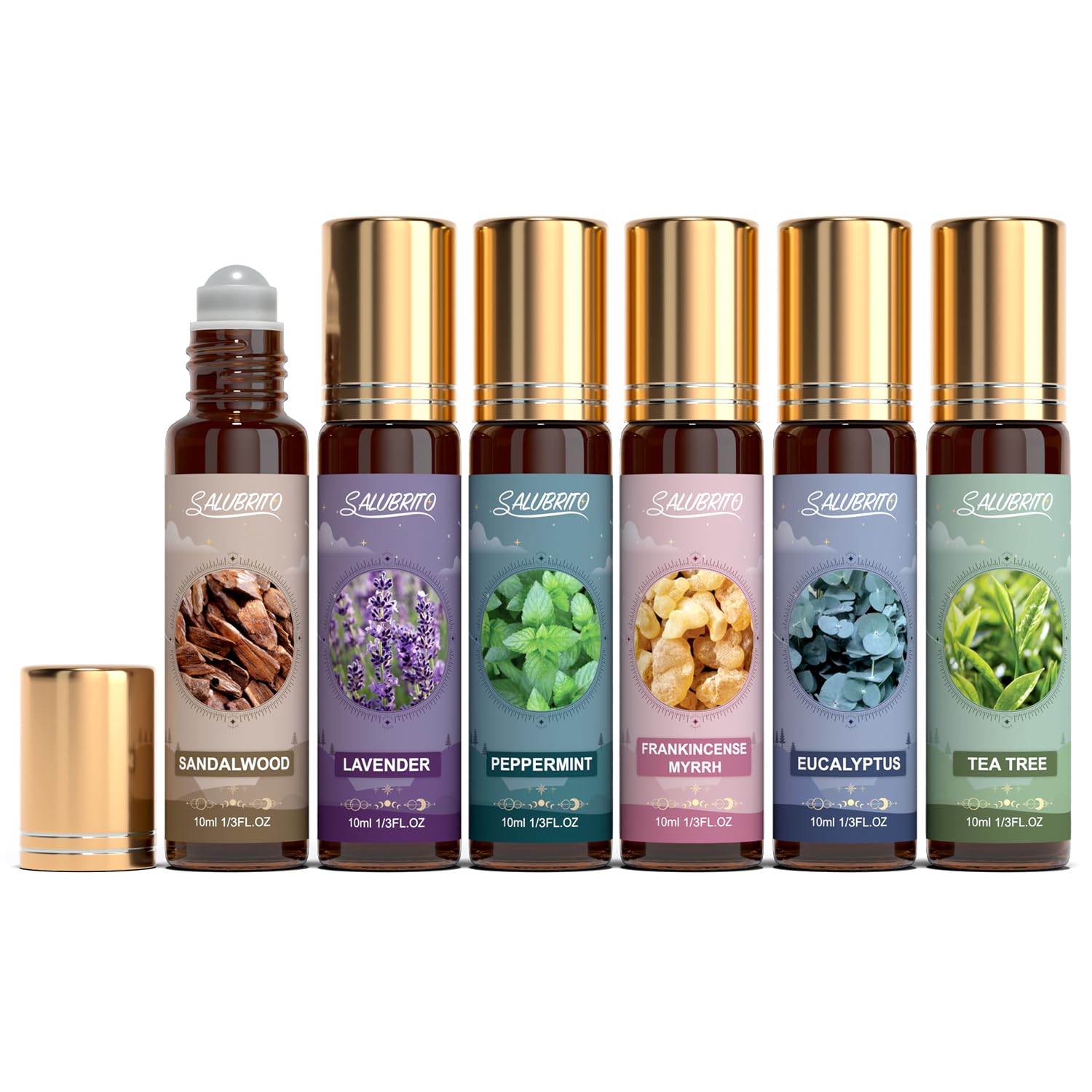 SALUBRITO Wellness Essential Oil Roll On Gift Set, Aromatherapy Oil with Roller Ball for Body Skin, Massage - Lavender, Peppermint, Tea Tree, Frankincense, Myrrh, Eucalyptus, Sandalwood Essential Oil