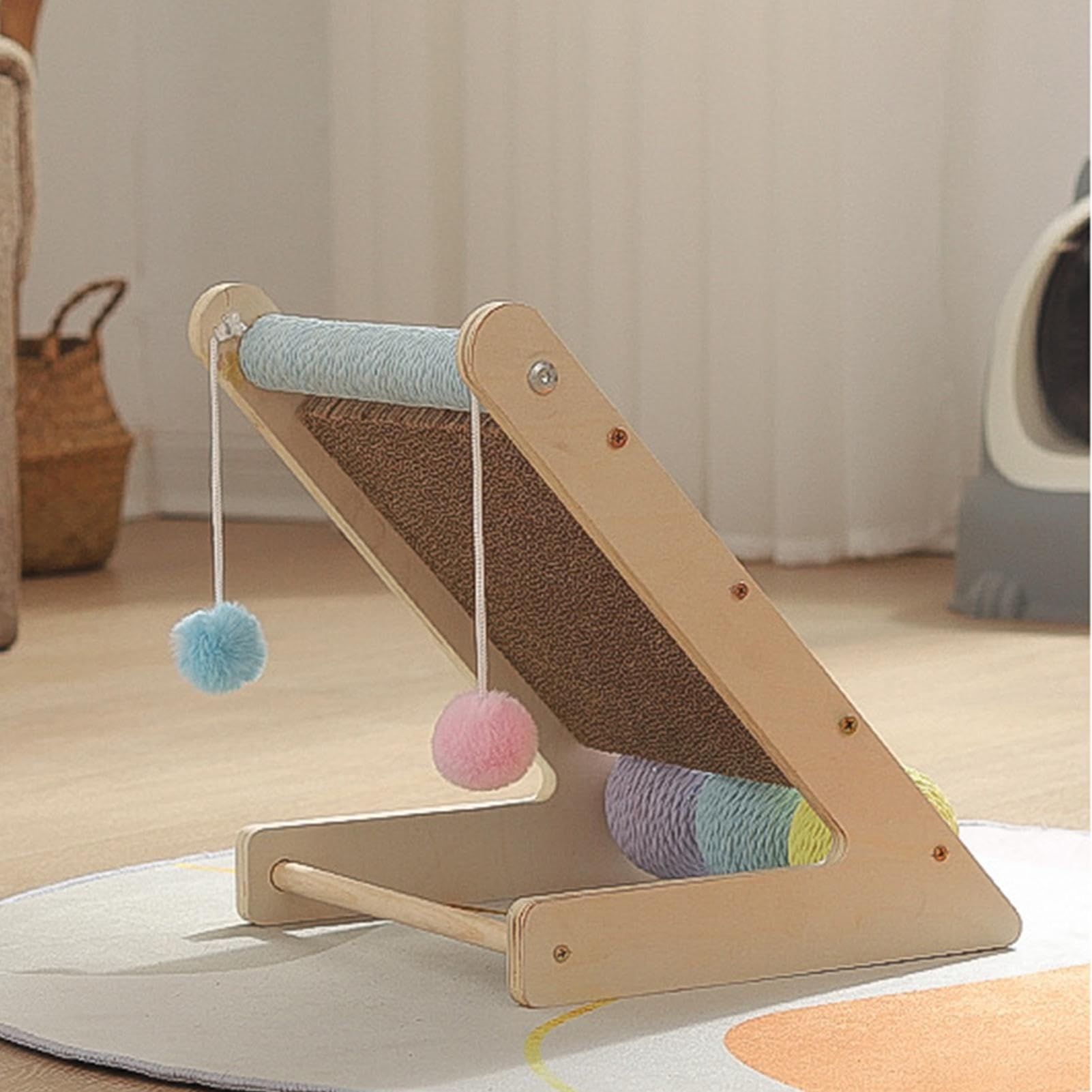 Rascador para Gatos Triangular de Cartón con Pelotas Interactivas | Rascador de cartón ondulado para gatos Esquinas, Alfombras, Puertas, Suelo: Enriquecimiento y Ejercicio