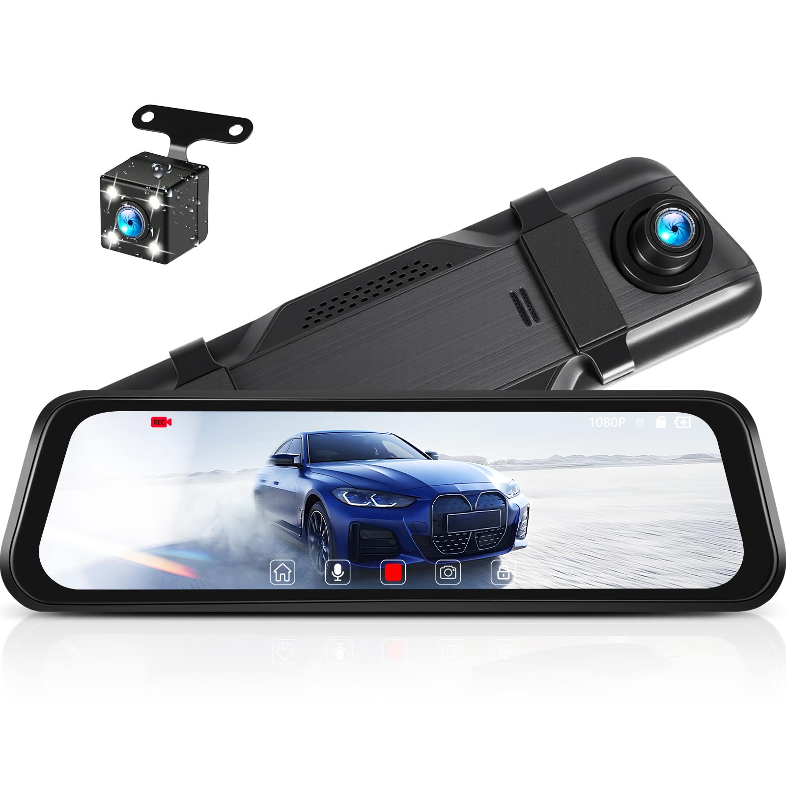 CAMECHO 1080P Rétroviseur 9.66 Pouces Dash CAM Voiture avec Caméra de Vision Nocturne, Avant 150° et Arrière Dashcam 120° avec Ligne Inverse, Enregistrement en Boucle, Angle Réglable