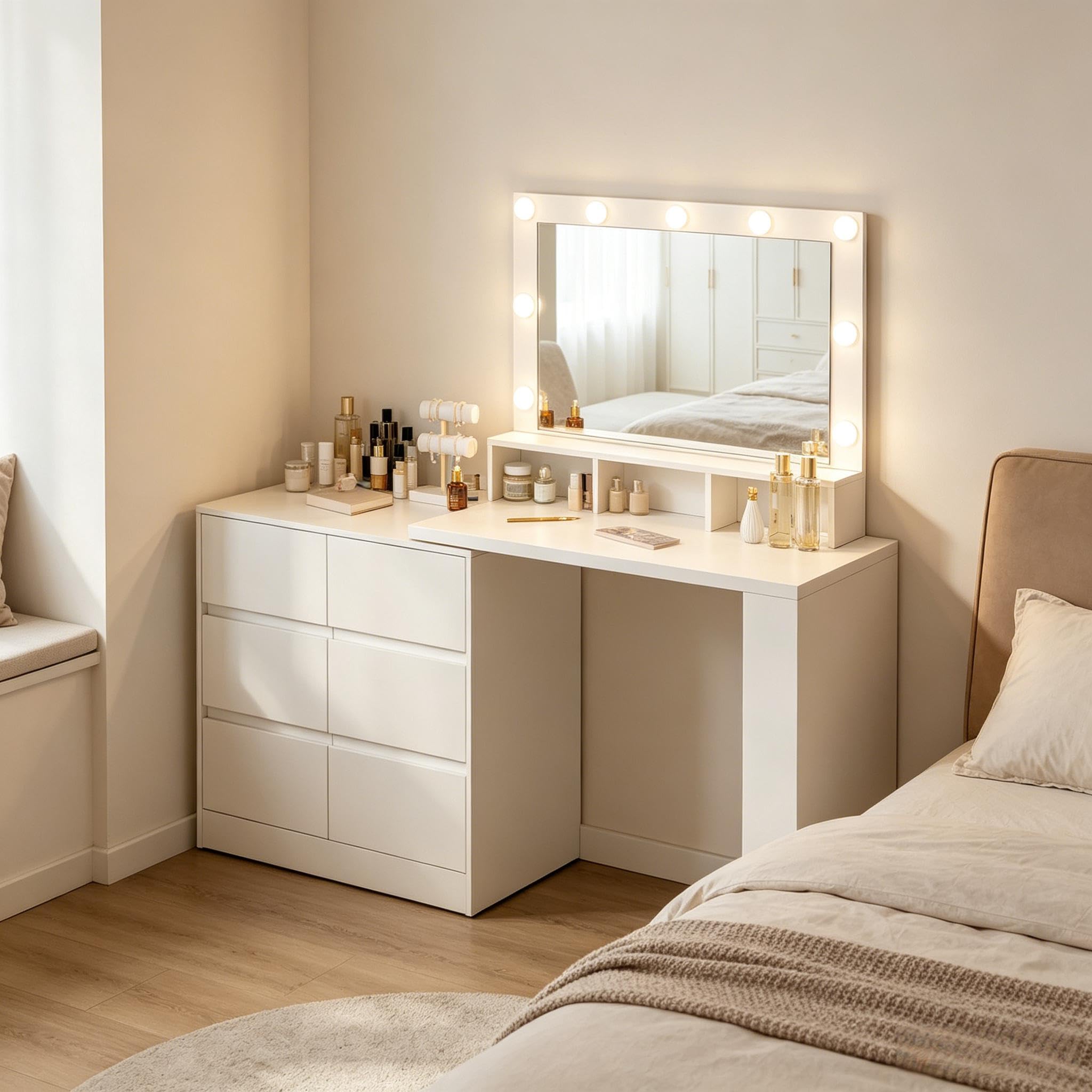 Tavolo da toeletta con specchio LED, a forma di L, 6 cassetti