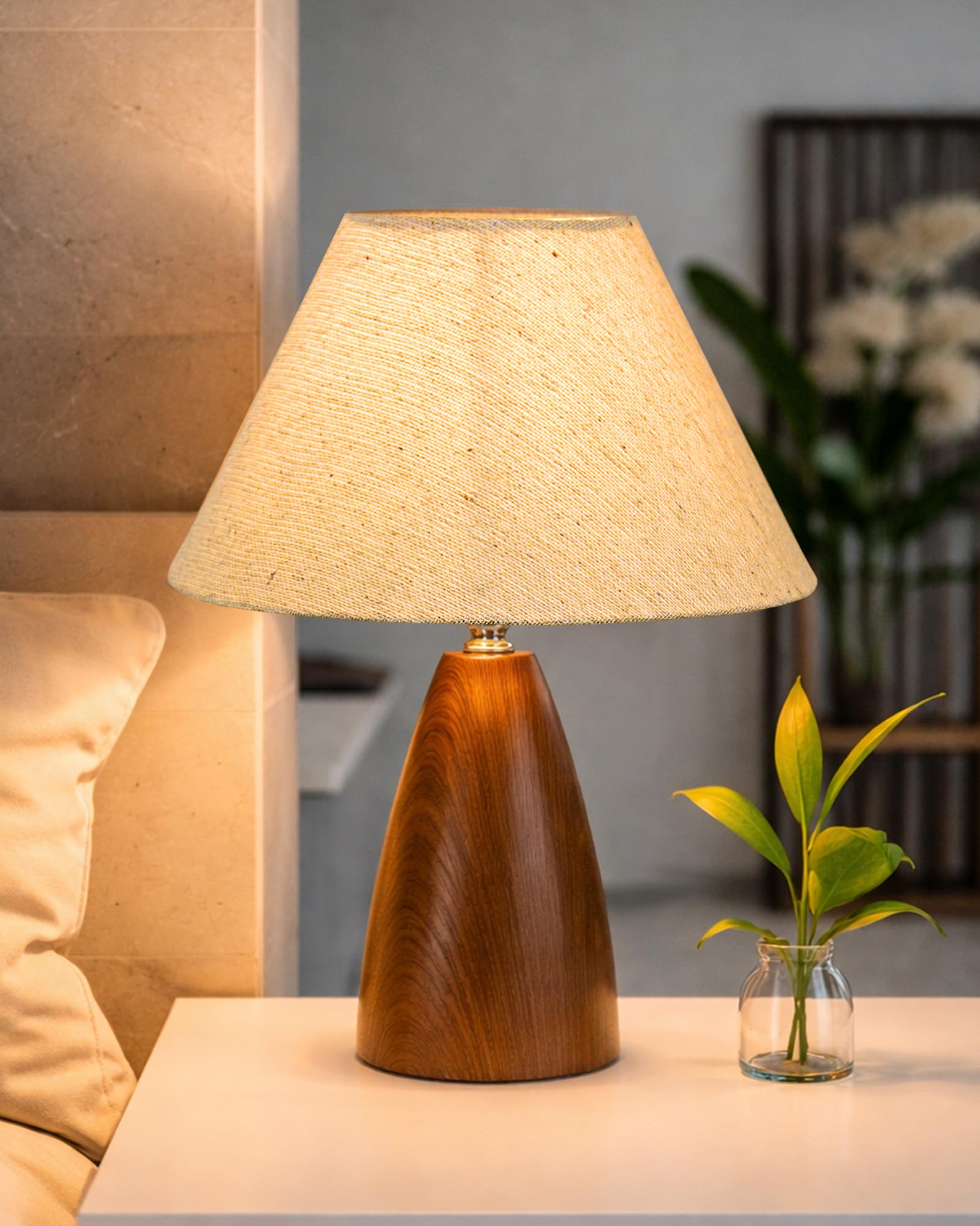 Homesake® Wood Grain Pattern Small Table Lamp, Desk Light, Wooden Bedroom Lamps for Nightstand, Scalloped Lamp Shade Table Lamps Small Spaces, Bedroom, Living Room, Taper Cone, (Jute Cone)-image-20
