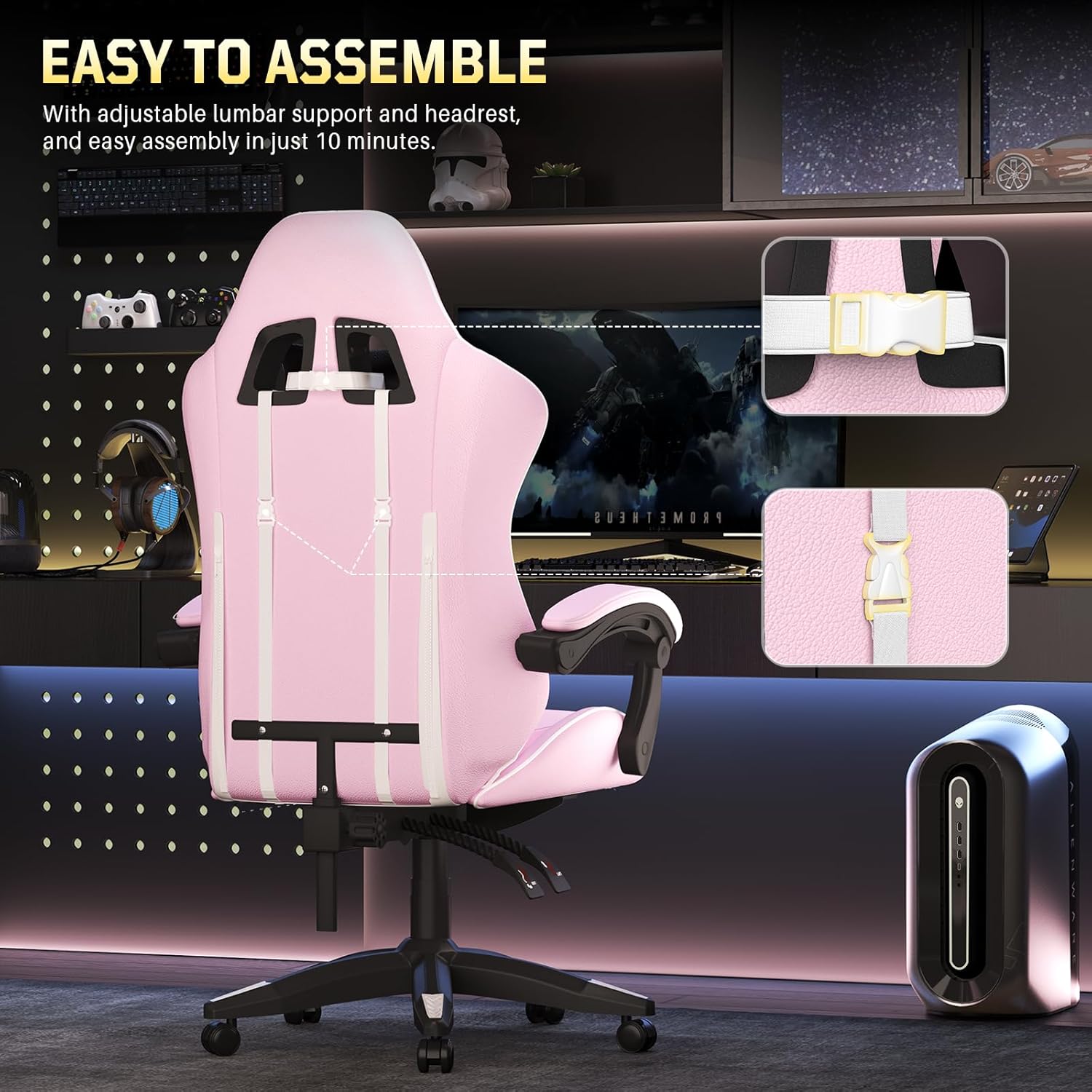 Bigzzia Gaming Chair, Ergonomic Video Game Chairs with Pillow and Lumbar Support, Racing Style Height Adjustable Computer Chair with 360°-Swivel Seat for Adults and Teens (Pink)