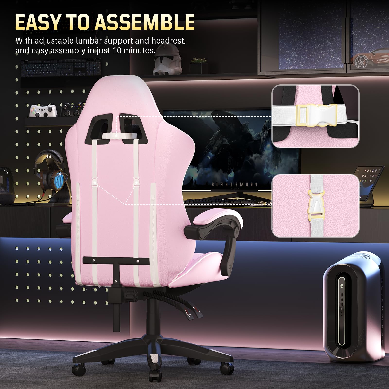 bigzzia Silla Gaming,Silla Ergonómica de Oficina en Cuero PU,Regulable en Altura con Soporte Lumbar y Reposacabezas,Respaldo Reclinable 155°,Silla Gamer Adulto Niño(Rosado)