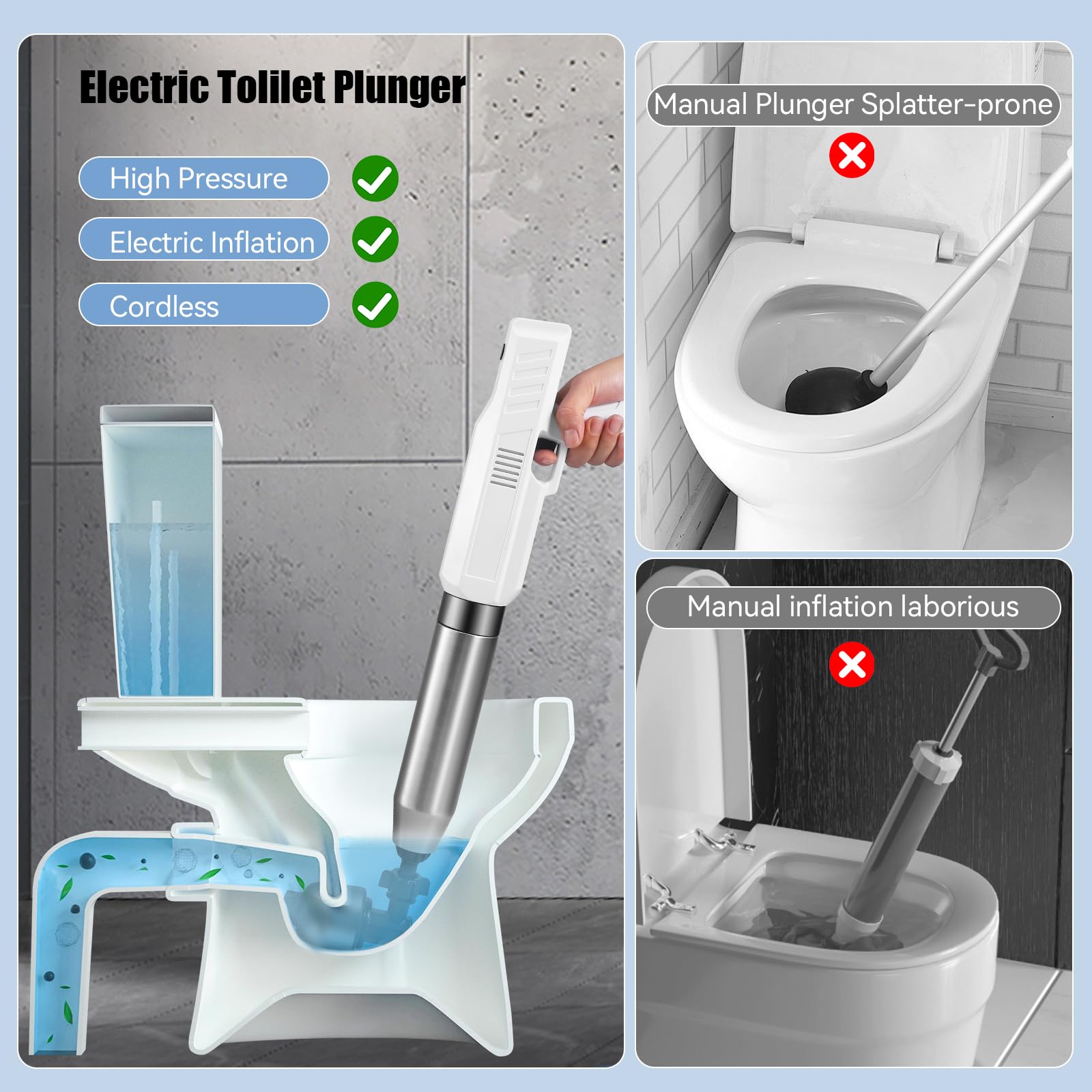 Déboucheur WC Électrique, Déboucheur de Toilette Haute Pression, Déboucheur Canalisation Air Comprimé avec 4 Têtes Remplaçables, pour Déboucher les Toilettes, Drain de sol, Lavabo, Baignoire