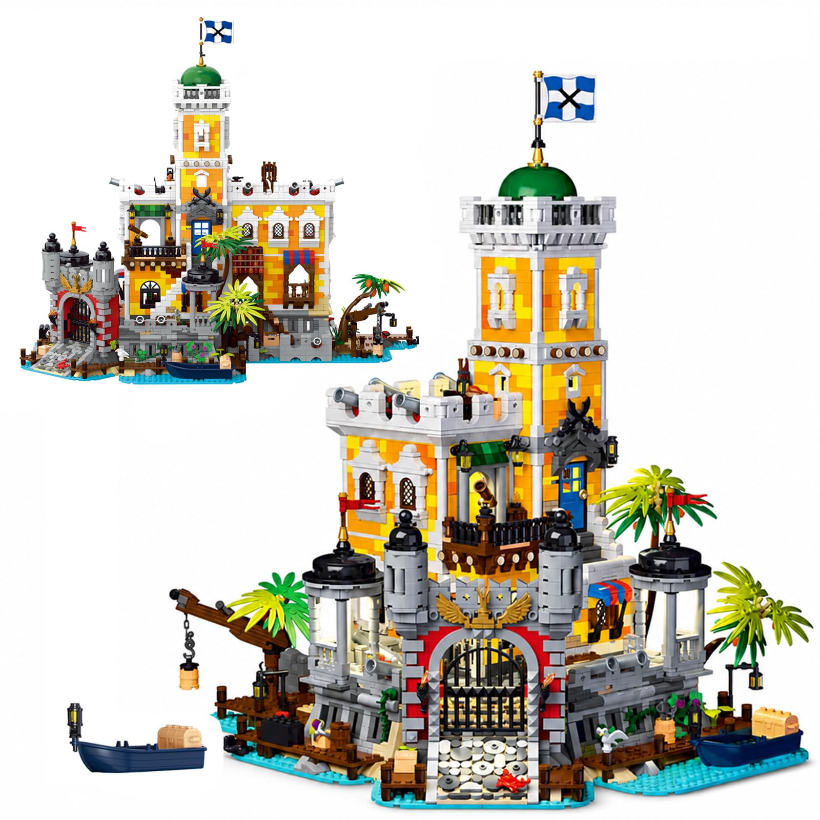 Klemmbausteine Piraten Burg - 2 in 1 mit LED Leuchtturm Piratenschiff | 4975 Teile | Mittelalter Schloss, Medieval Castle für Erwachsene, Ritterburg Modular Buildings