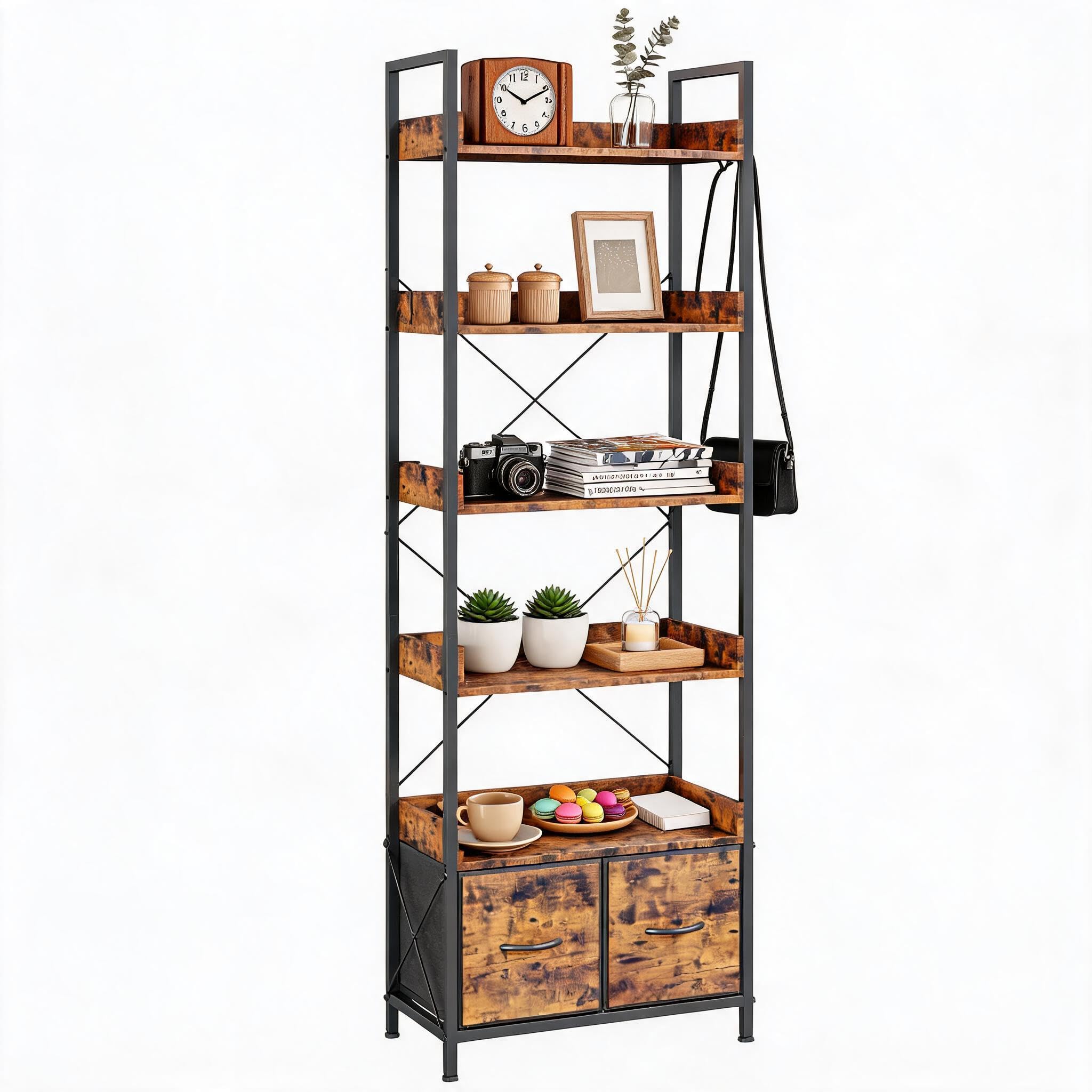 Garvee Modernes 6-stöckiges Bücherregal – Vielseitiges Standregal mit Stoffschublade – Vintage-Holz und schwarzer Eisenrahmen – Perfekt für Wohnzimmer, Schlafzimmer, Büro oder Arbeitszimmer – Zur
