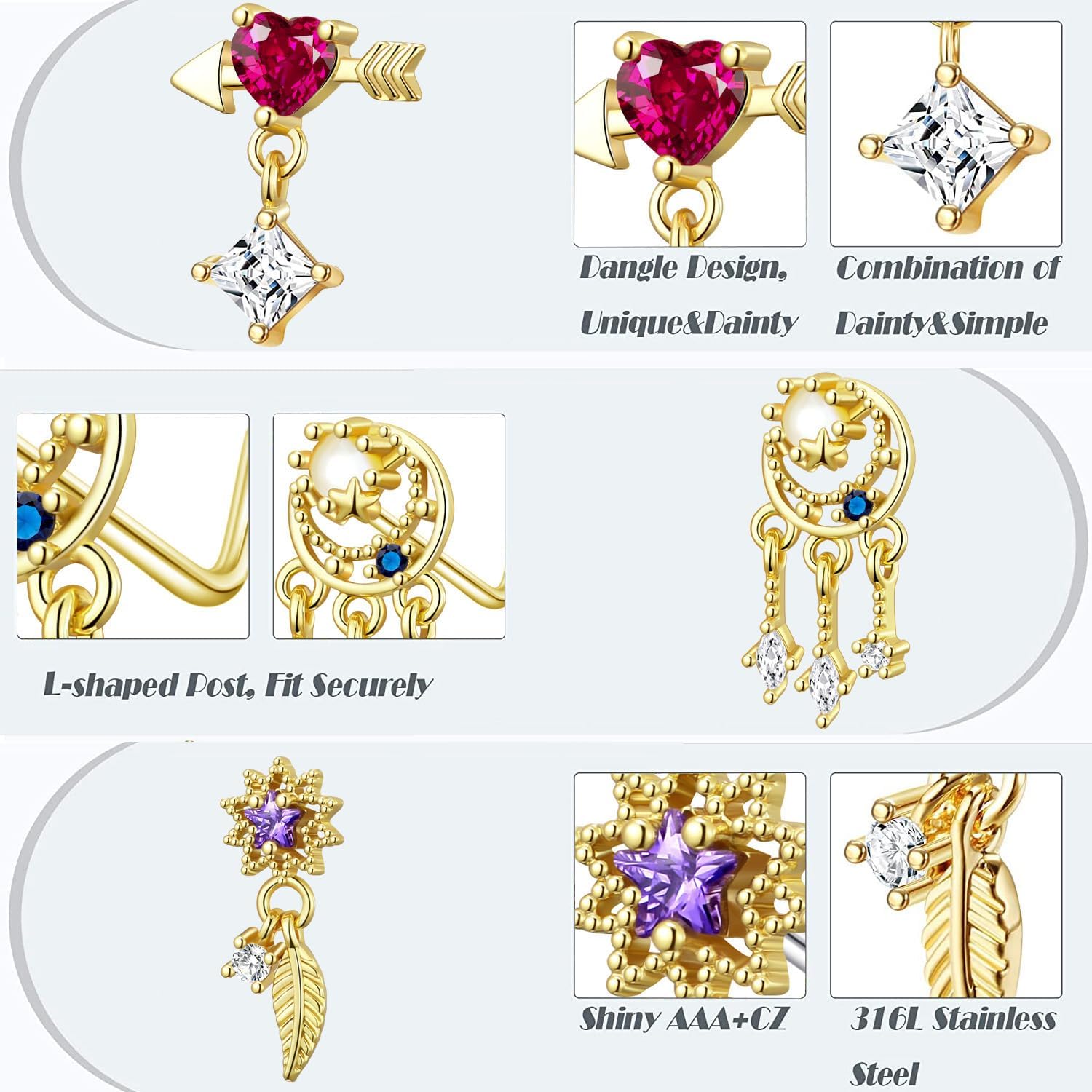 TAMHOO 18Pcs Nose Rings - L Shape, Butterfly & Heart Designs - Gold Nose Studs for Women
