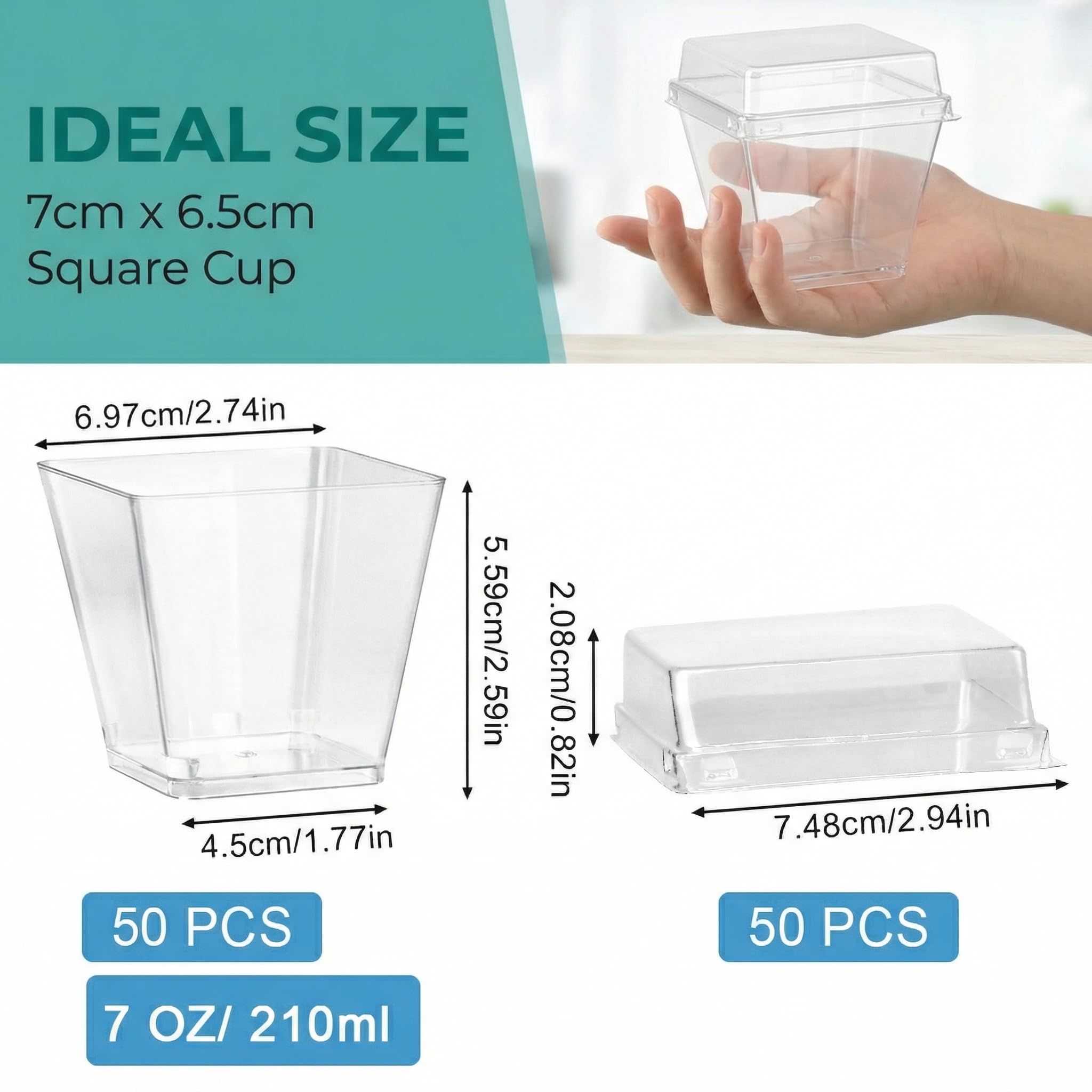 50 Bicchieri da Dessert in Plastica con Coperchio, Coppette Gelato Quadrate Trasparenti, Tazze da Dessert per Monoporzioni, Mini Bicchieri per Dessert Riutilizzabili, Senza BPA per Dessert Fai Da Te