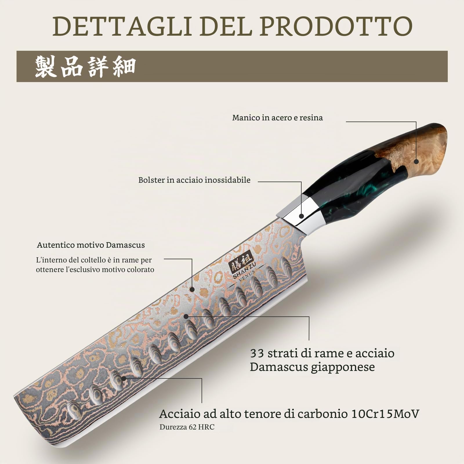 SHAN ZU Coltello Damasco e Rame Coltello da Chef Nakiri Coltello Giapponese Forgiato a Mano, 33 Strati in Acciaio Damasco Coltelli da Cucina Affilati Professionali in Damasco 18 CM