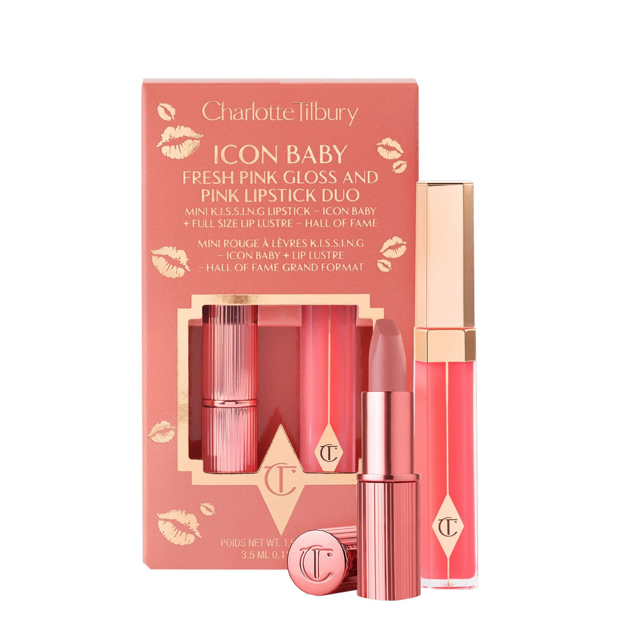 Icon Baby Lip Duo Kit - Mini K.I.S.S.I.N.G Satin Shimmer Lipstick & Full Size Hall of Fame High Shine Gloss Set - Hydrating Long Lasting Makeup Duo for On-the-Go Glossy Shine