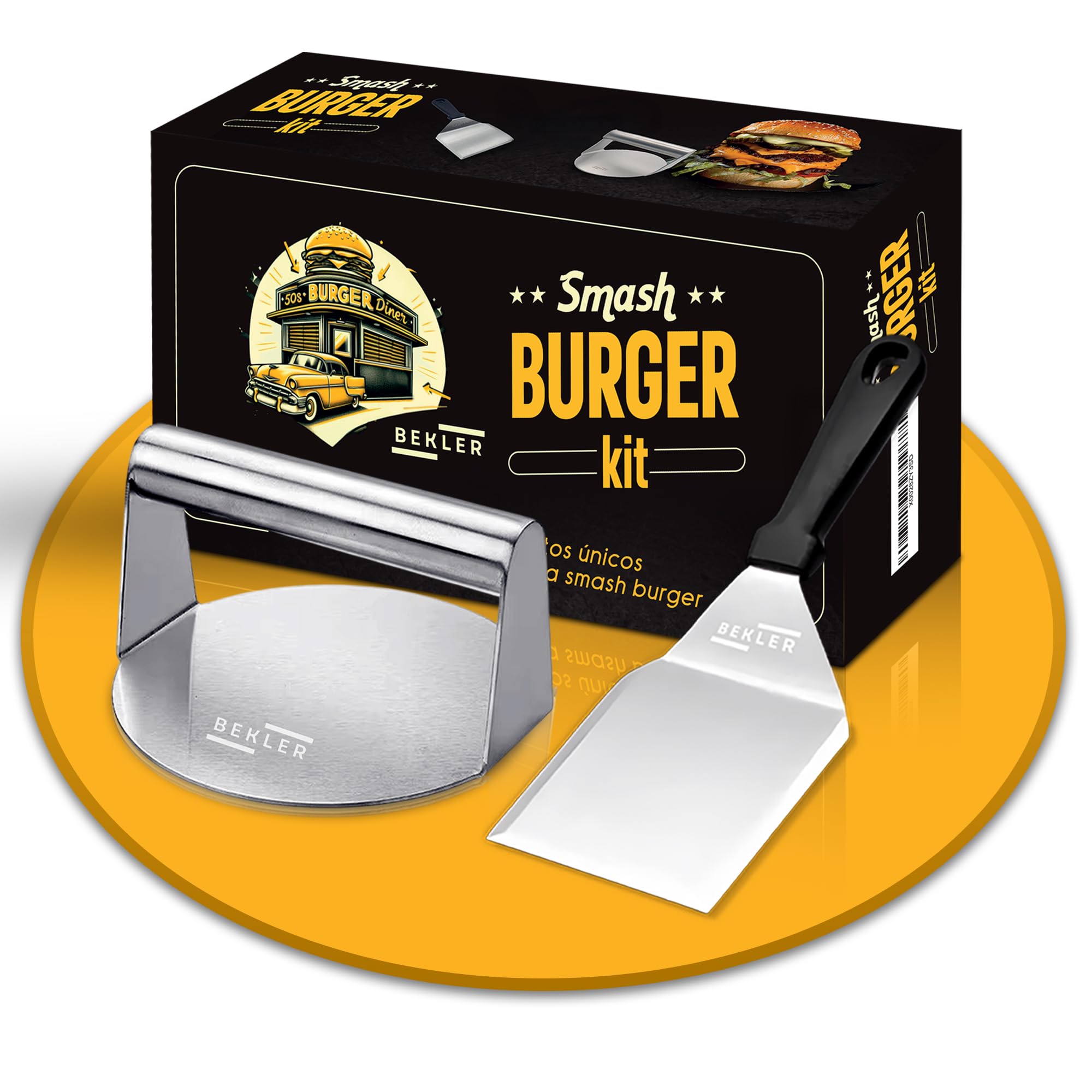 BEKLER Kit Smash Burger - Smash Burger Kit con Aplastador De Hamburguesas Y Espátula, Prensa para Hamburguesas Smash En Acero Inoxidable, Aplasta Hamburguesas Profesional