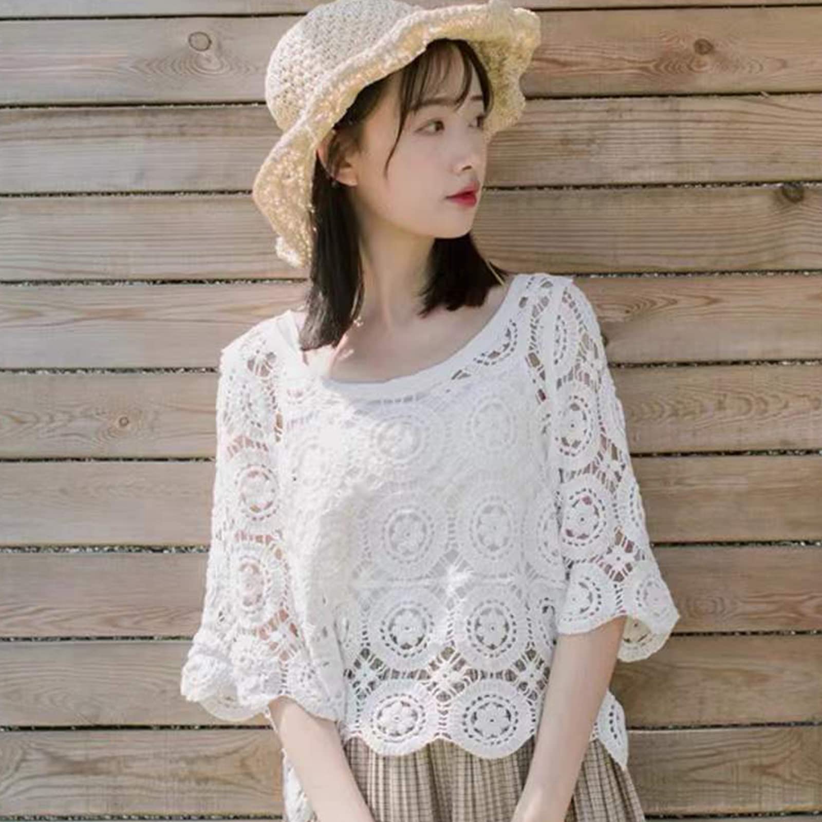 T-shirt d'été à manches 3/4 pour femme - Style bohème hippie - En tricot - Motif floral